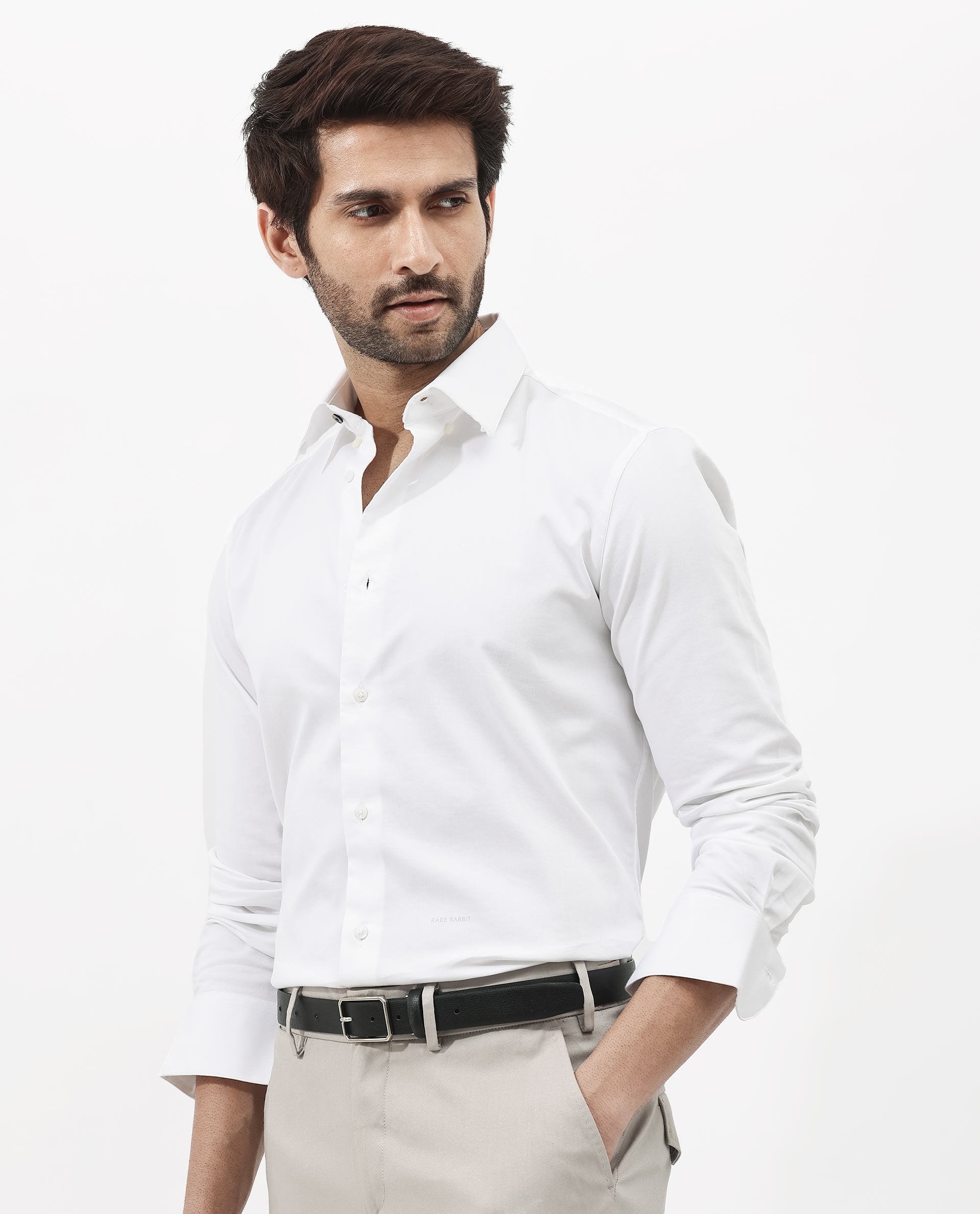 Rare Rabbit Men's Holand White Satin Fabric Full Sleeves Solid Shirt