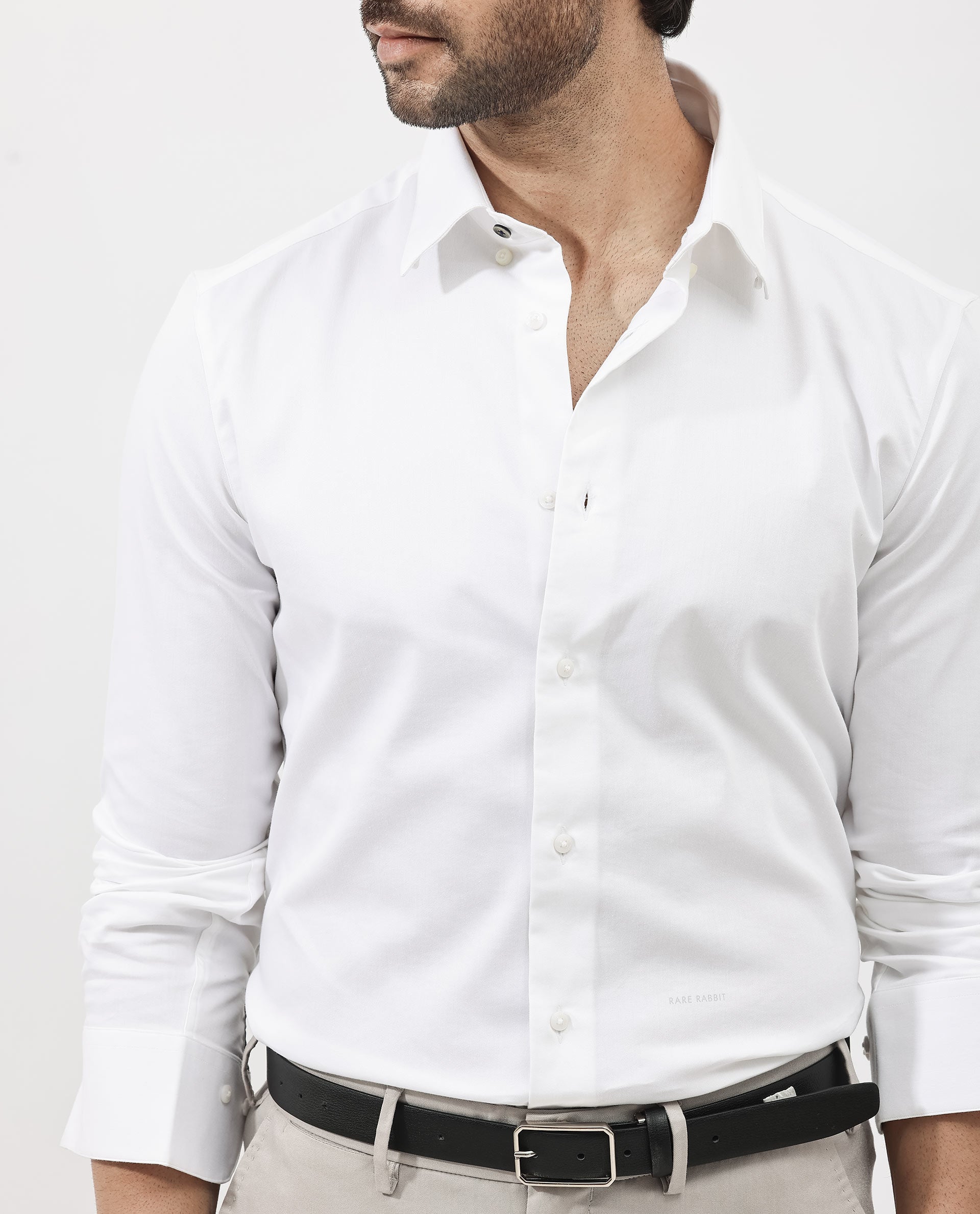 Rare Rabbit Men's Holand White Satin Fabric Full Sleeves Solid Shirt