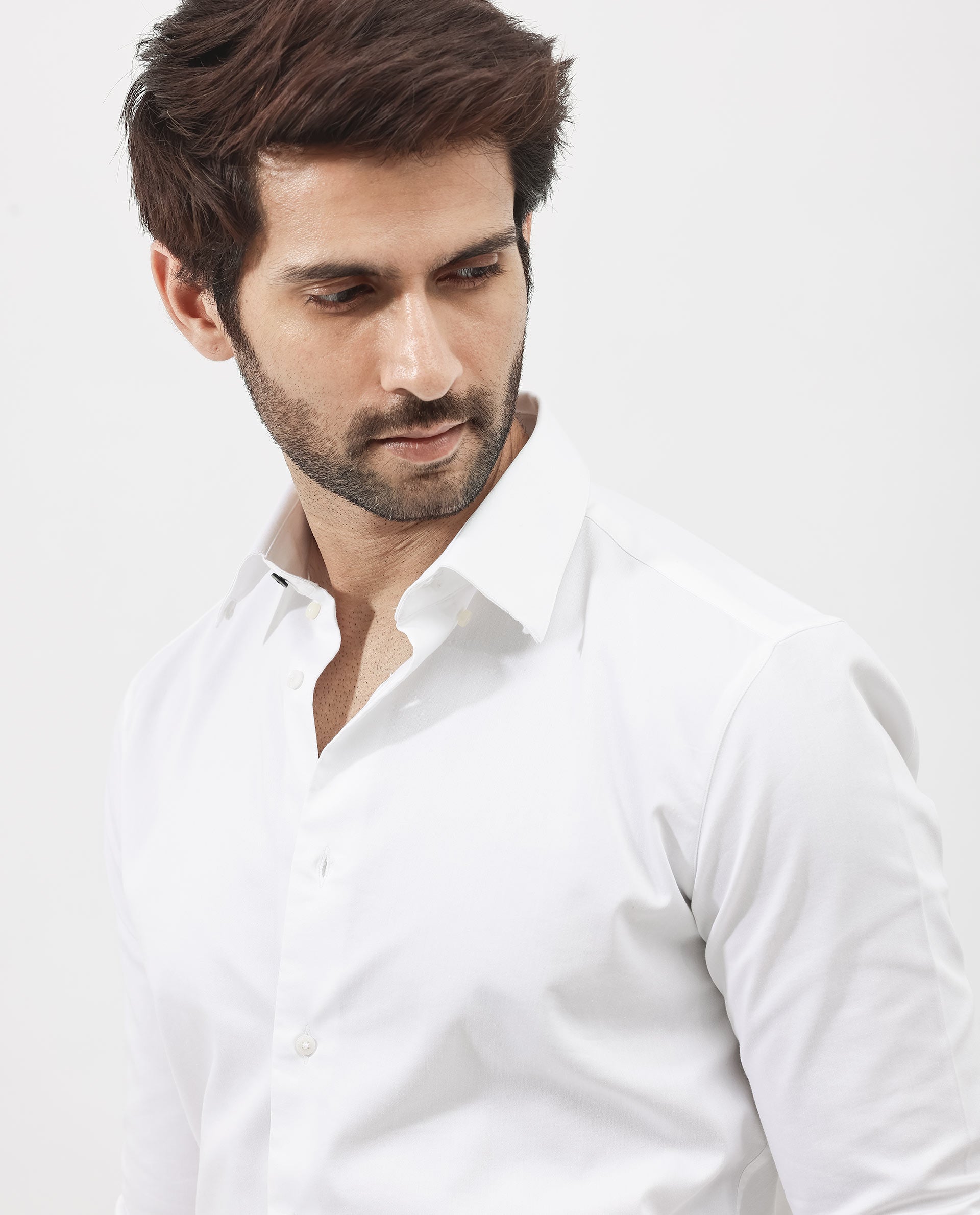 Rare Rabbit Men's Holand White Satin Fabric Full Sleeves Solid Shirt