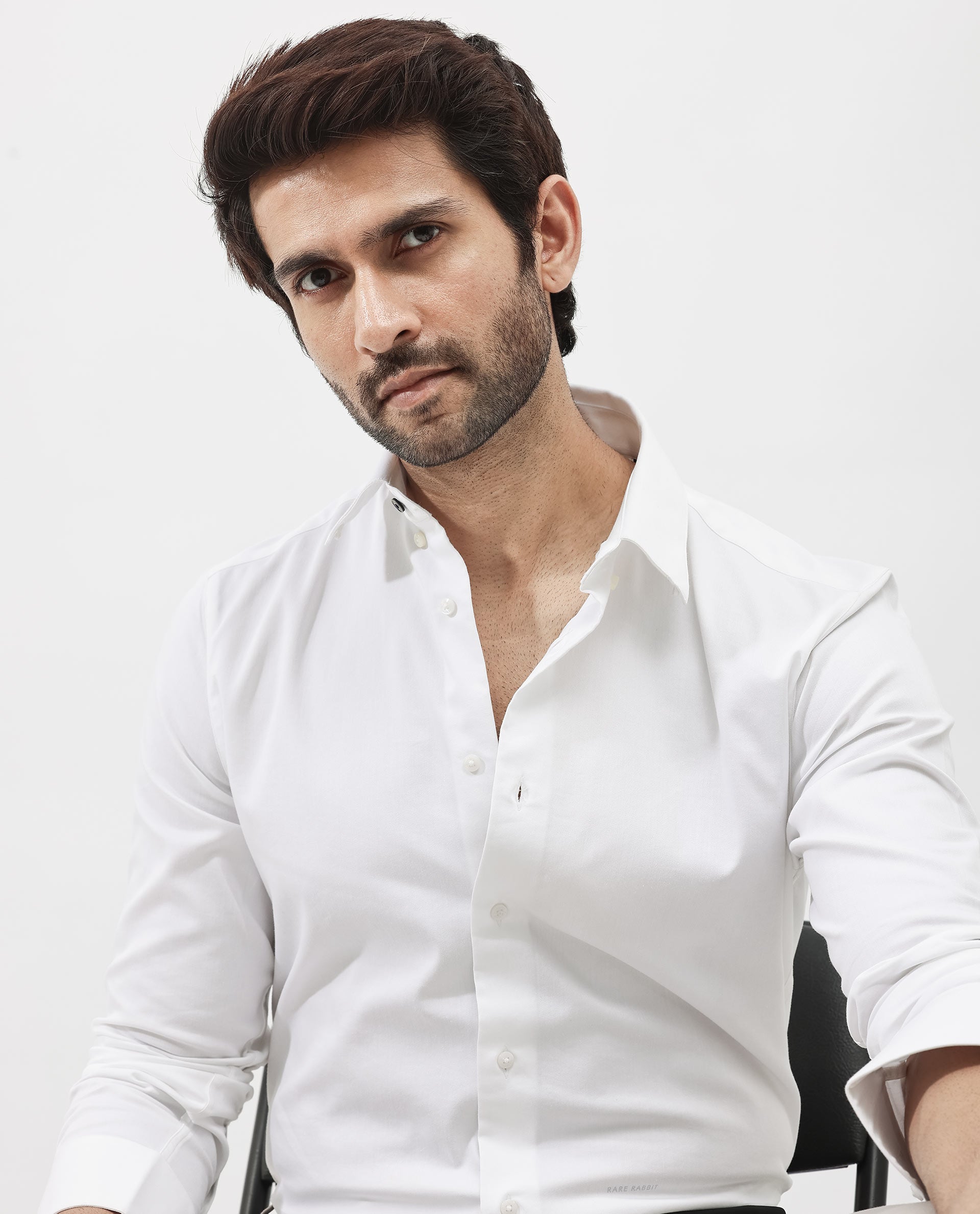 Rare Rabbit Men's Holand White Satin Fabric Full Sleeves Solid Shirt