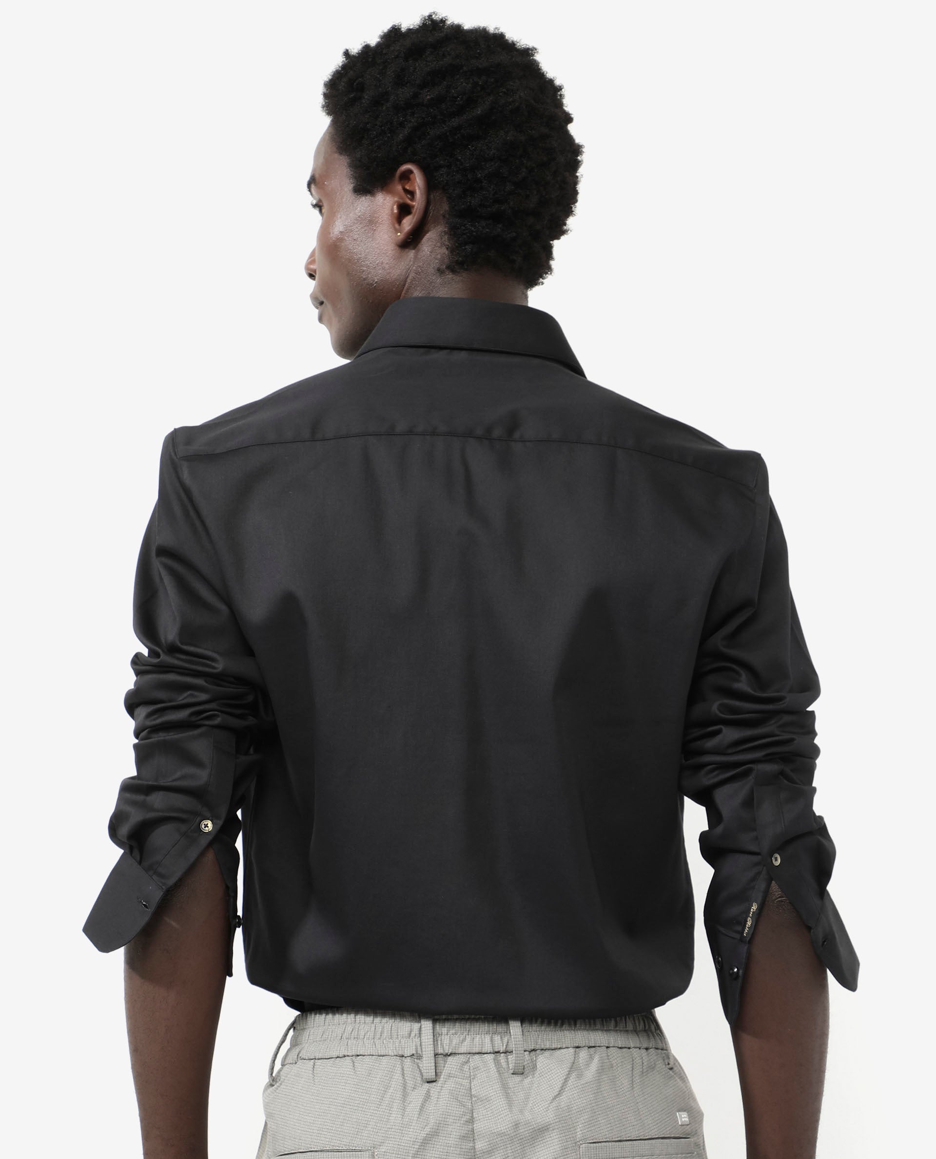 Rare Rabbit Men's Holand Black Satin Fabric Full Sleeves Solid Shirt