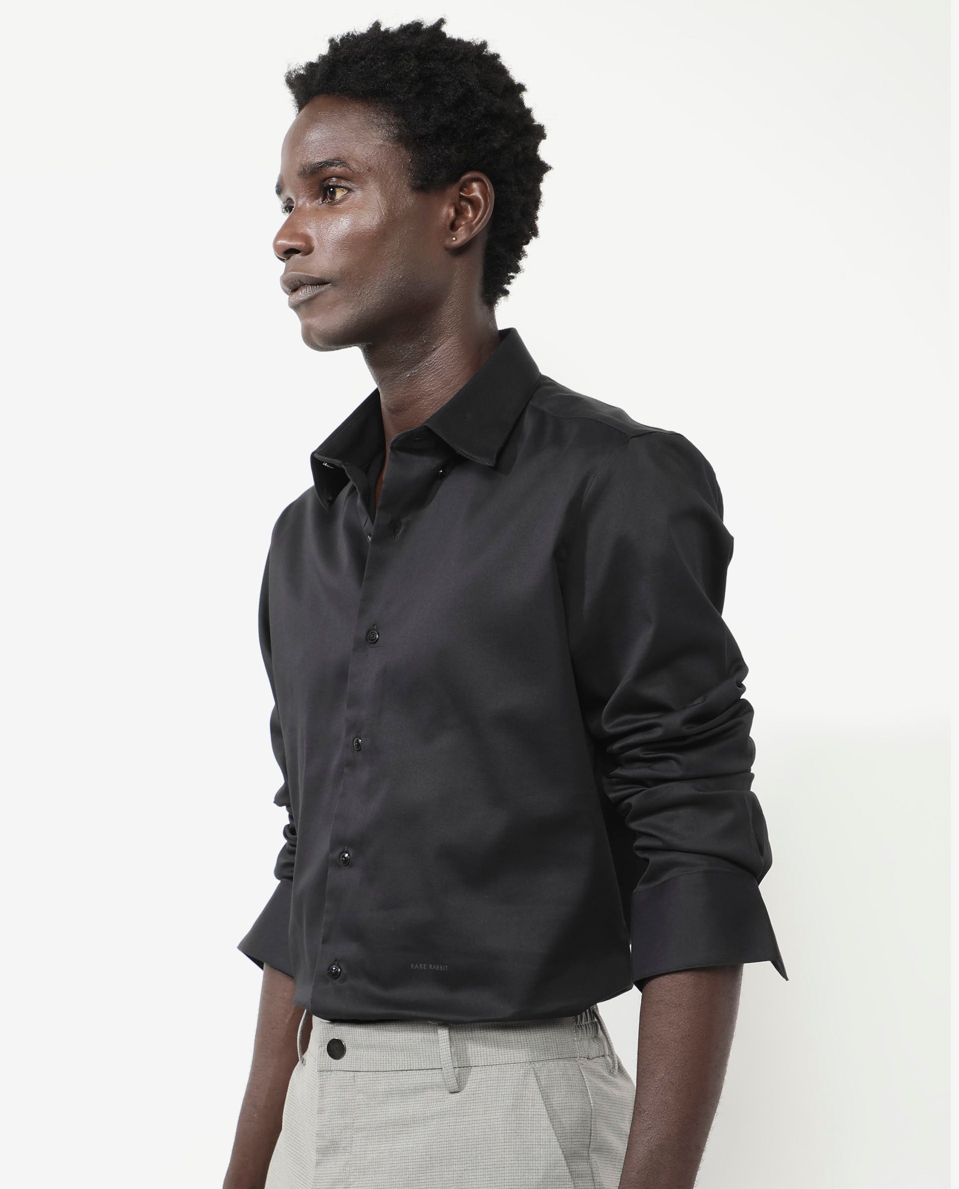 Rare Rabbit Men's Holand Black Satin Fabric Full Sleeves Solid Shirt