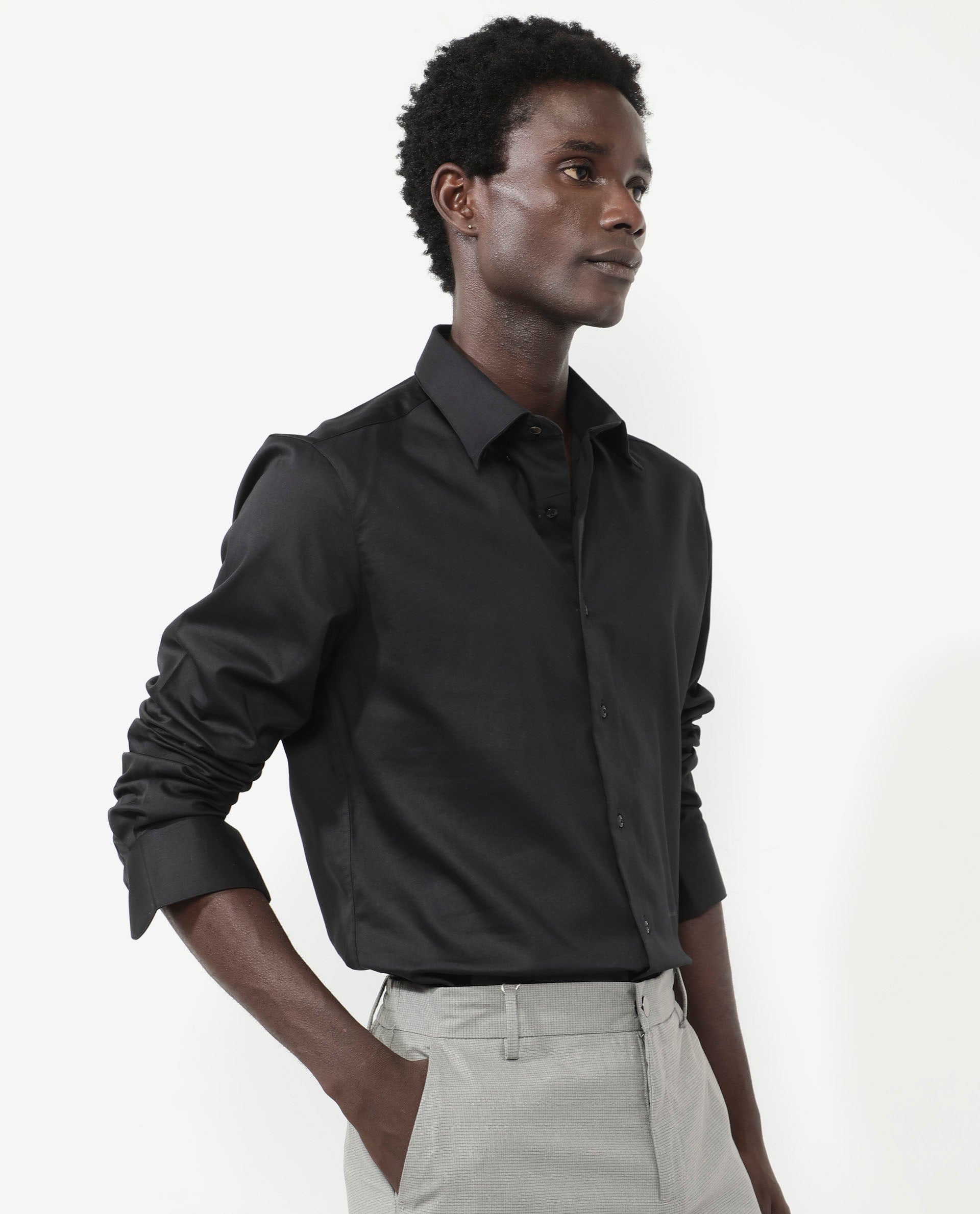 Rare Rabbit Men's Holand Black Satin Fabric Full Sleeves Solid Shirt