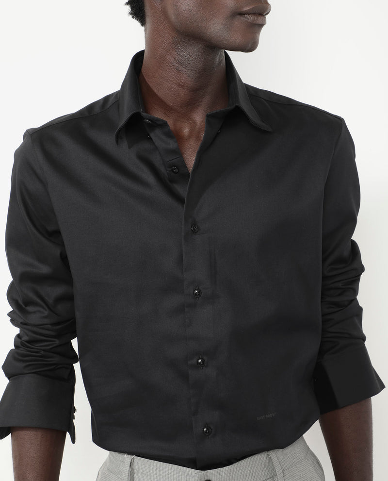 Rare Rabbit Men's Holand Black Satin Fabric Full Sleeves Solid Shirt