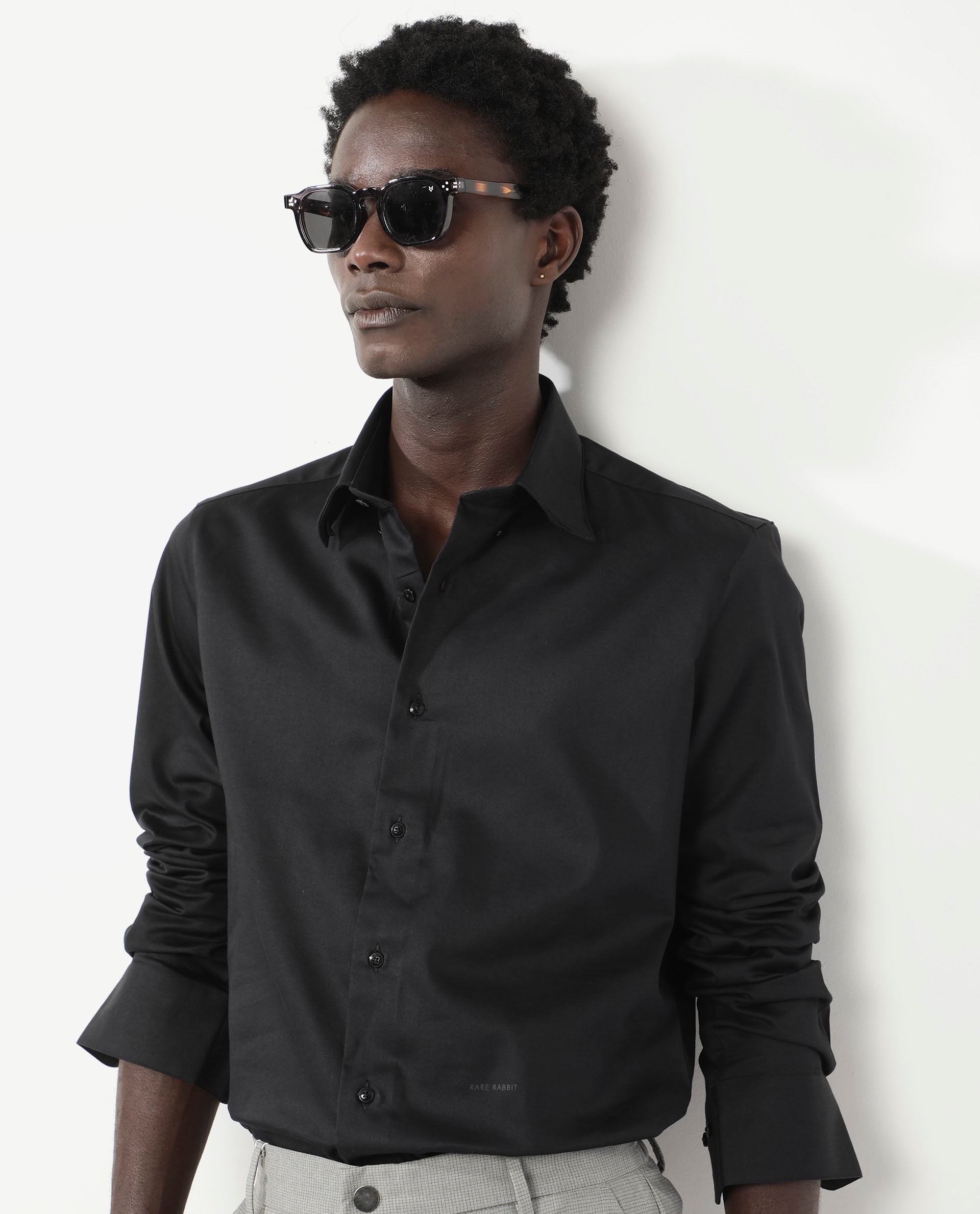 Rare Rabbit Men's Holand Black Satin Fabric Full Sleeves Solid Shirt