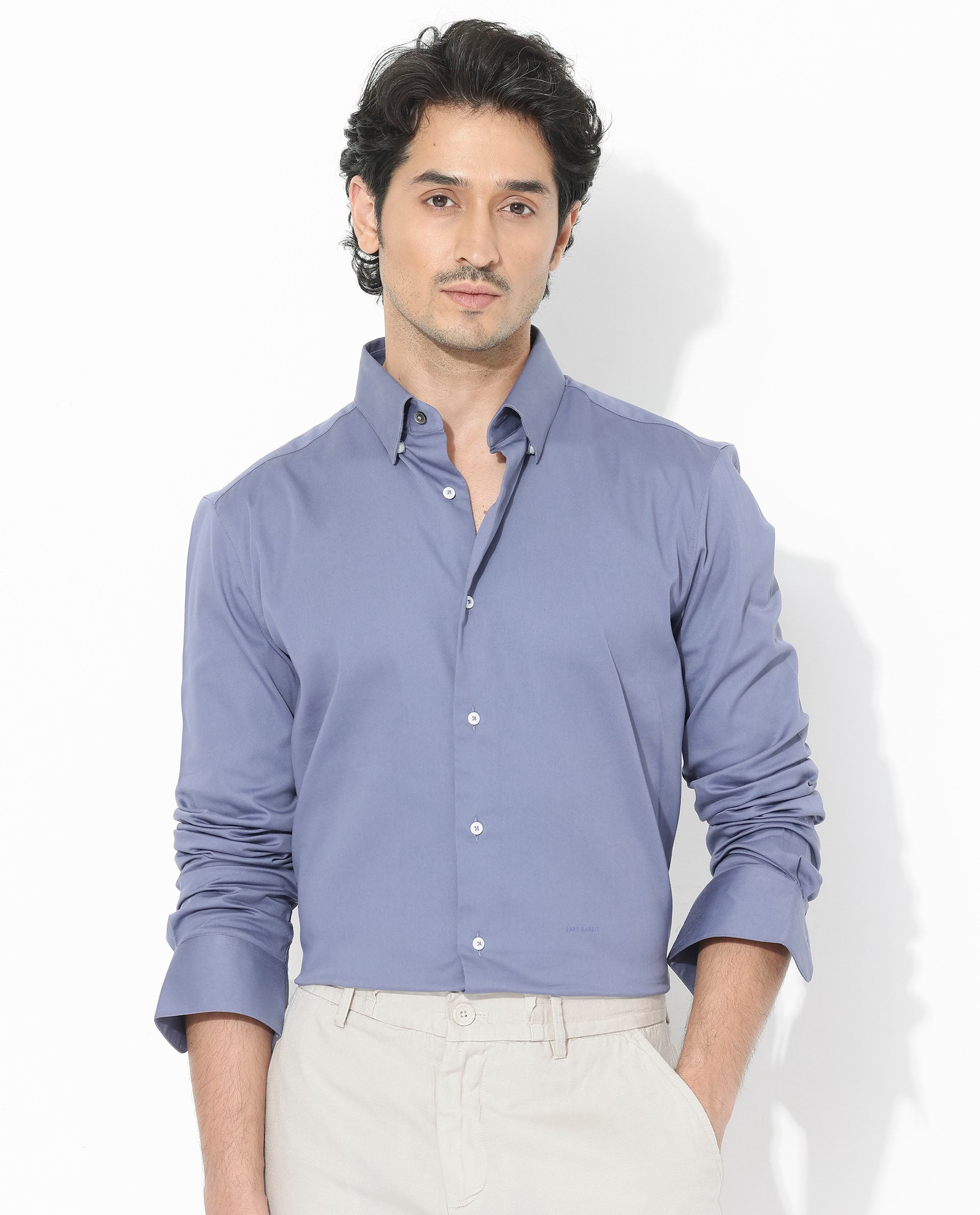 Rare Rabbit Men's Holand Dusky Purple Satin Fabric Full Sleeves Solid Shirt