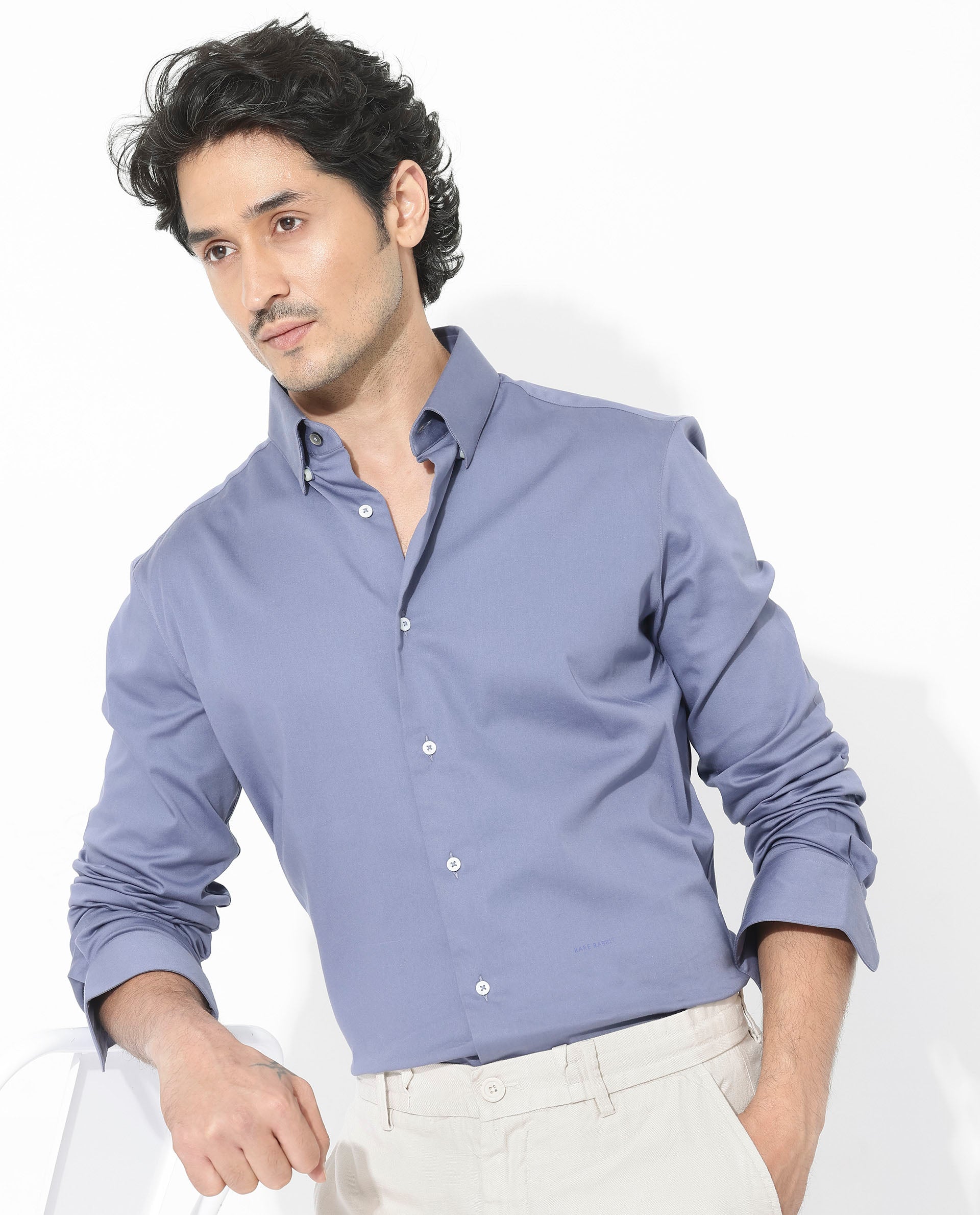 Rare Rabbit Men's Holand Dusky Purple Satin Fabric Full Sleeves Solid Shirt