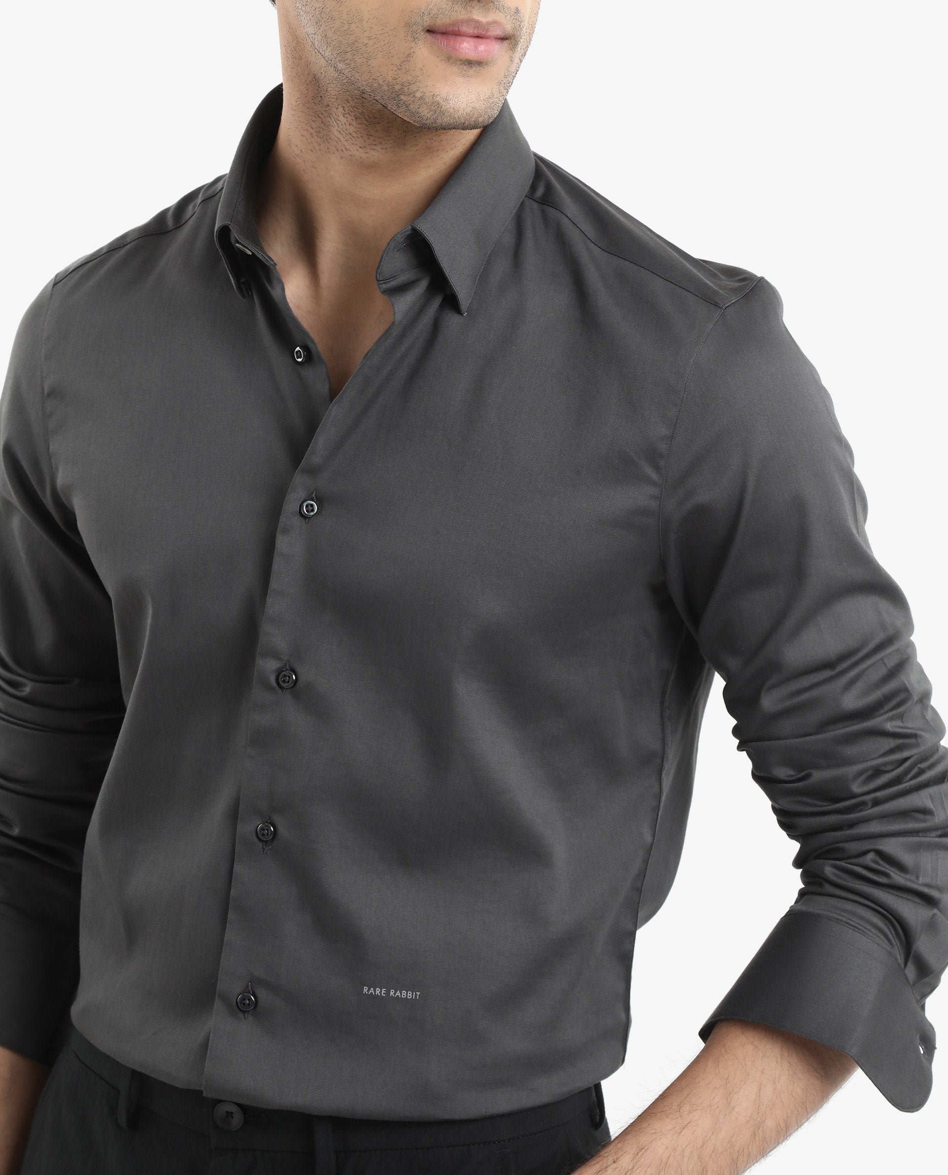 Rare Rabbit Men's Holand Grey Satin Fabric Full Sleeves Solid Shirt