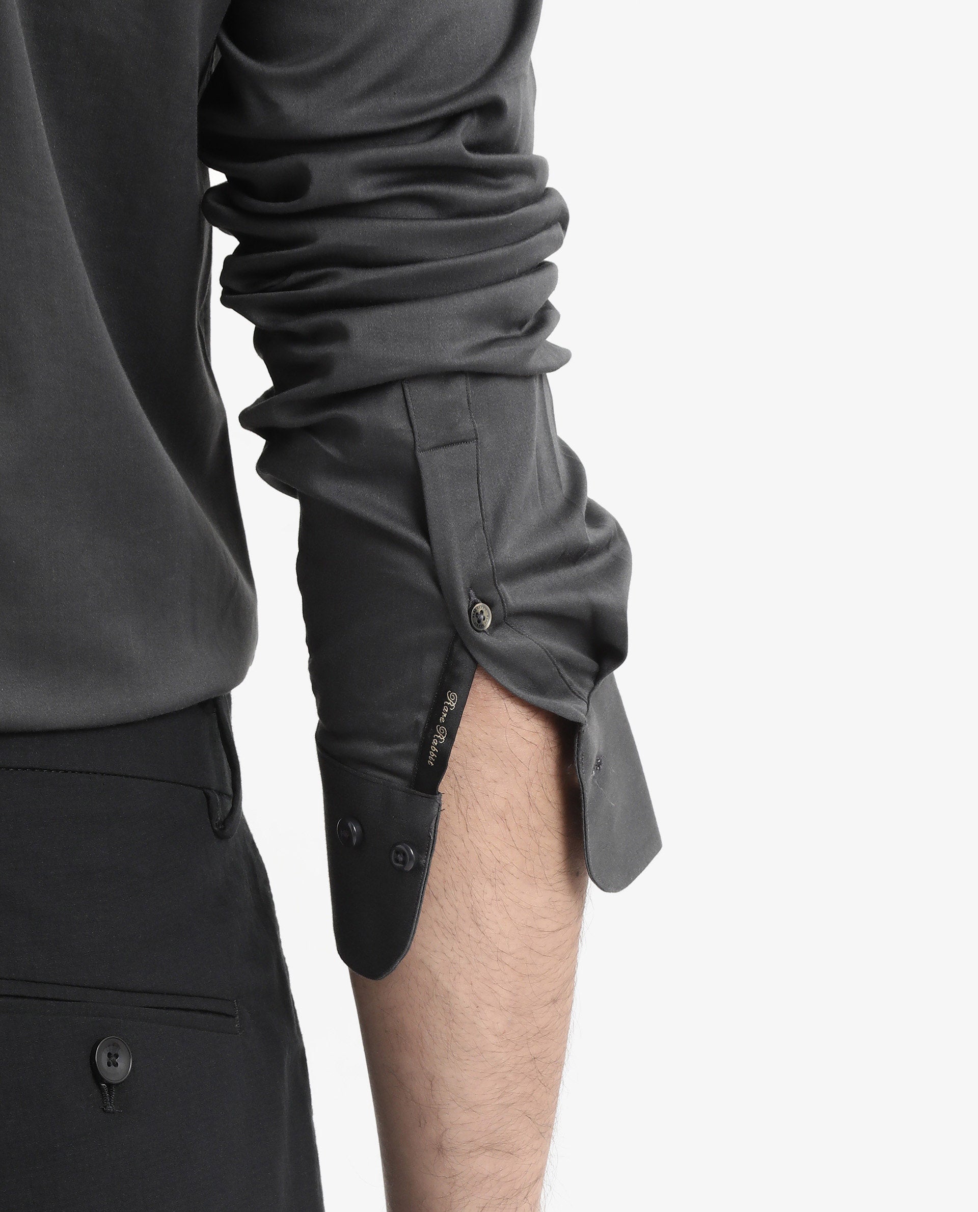 Rare Rabbit Men's Holand Grey Satin Fabric Full Sleeves Solid Shirt