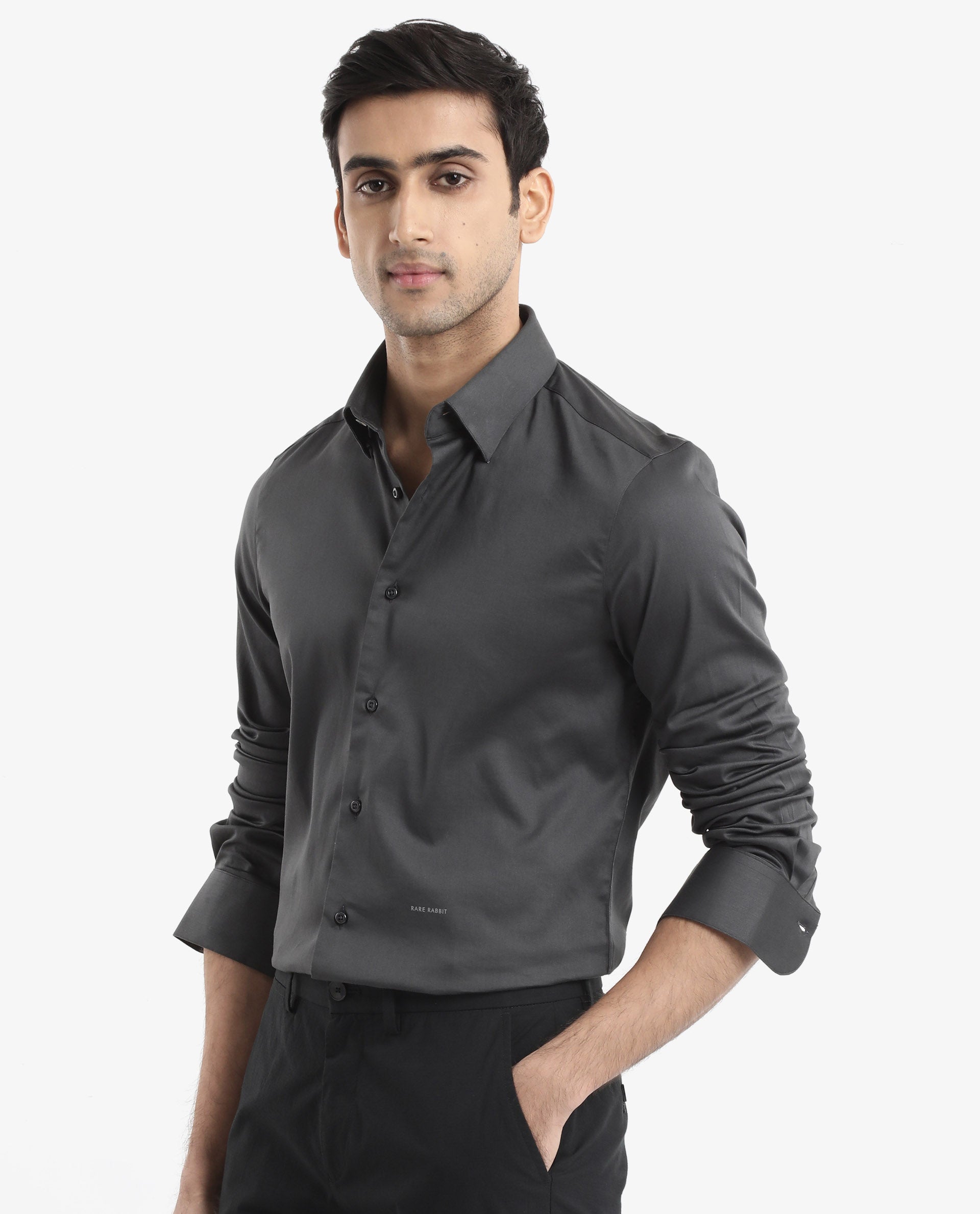 Rare Rabbit Men's Holand Grey Satin Fabric Full Sleeves Solid Shirt