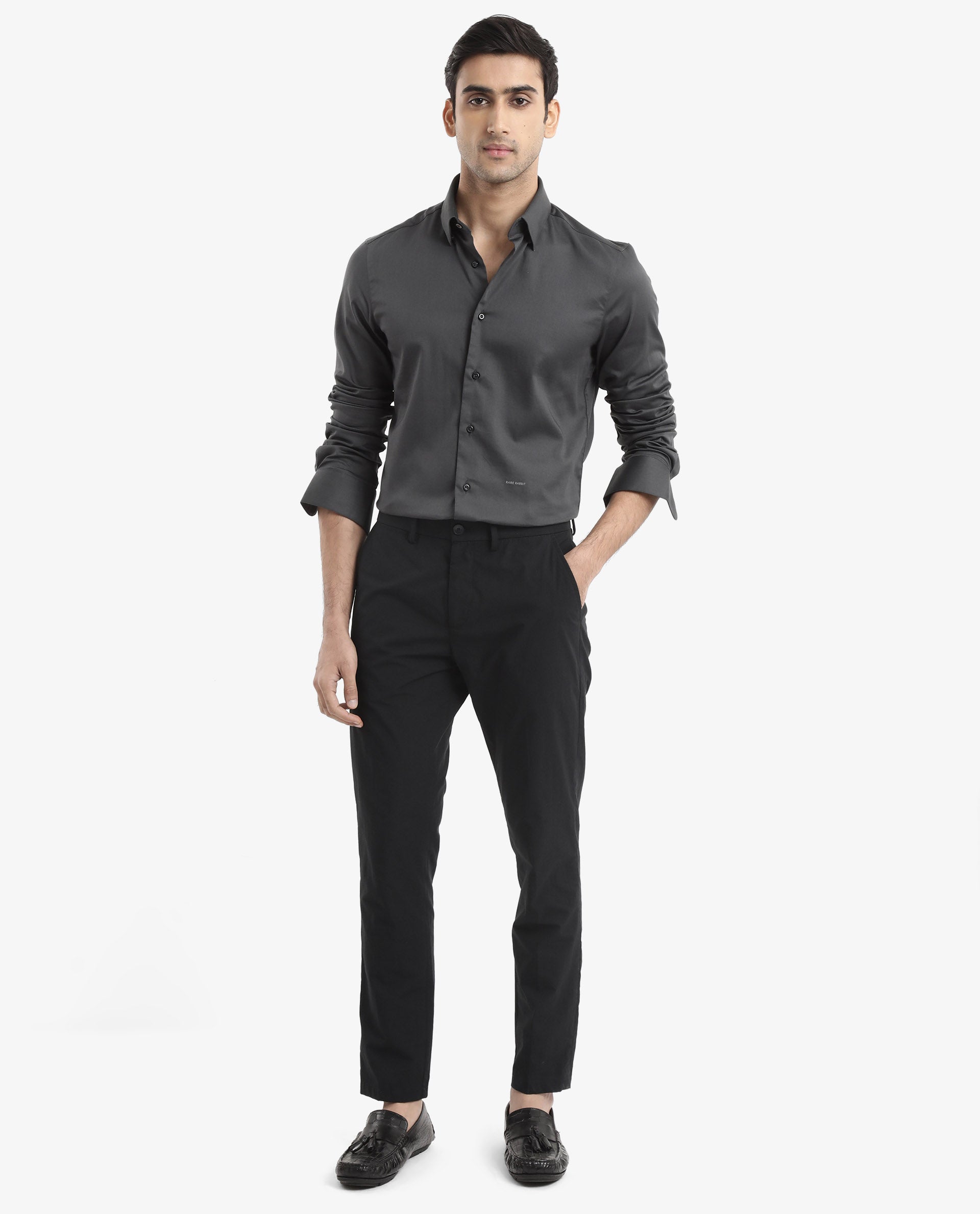 Rare Rabbit Men's Holand Grey Satin Fabric Full Sleeves Solid Shirt