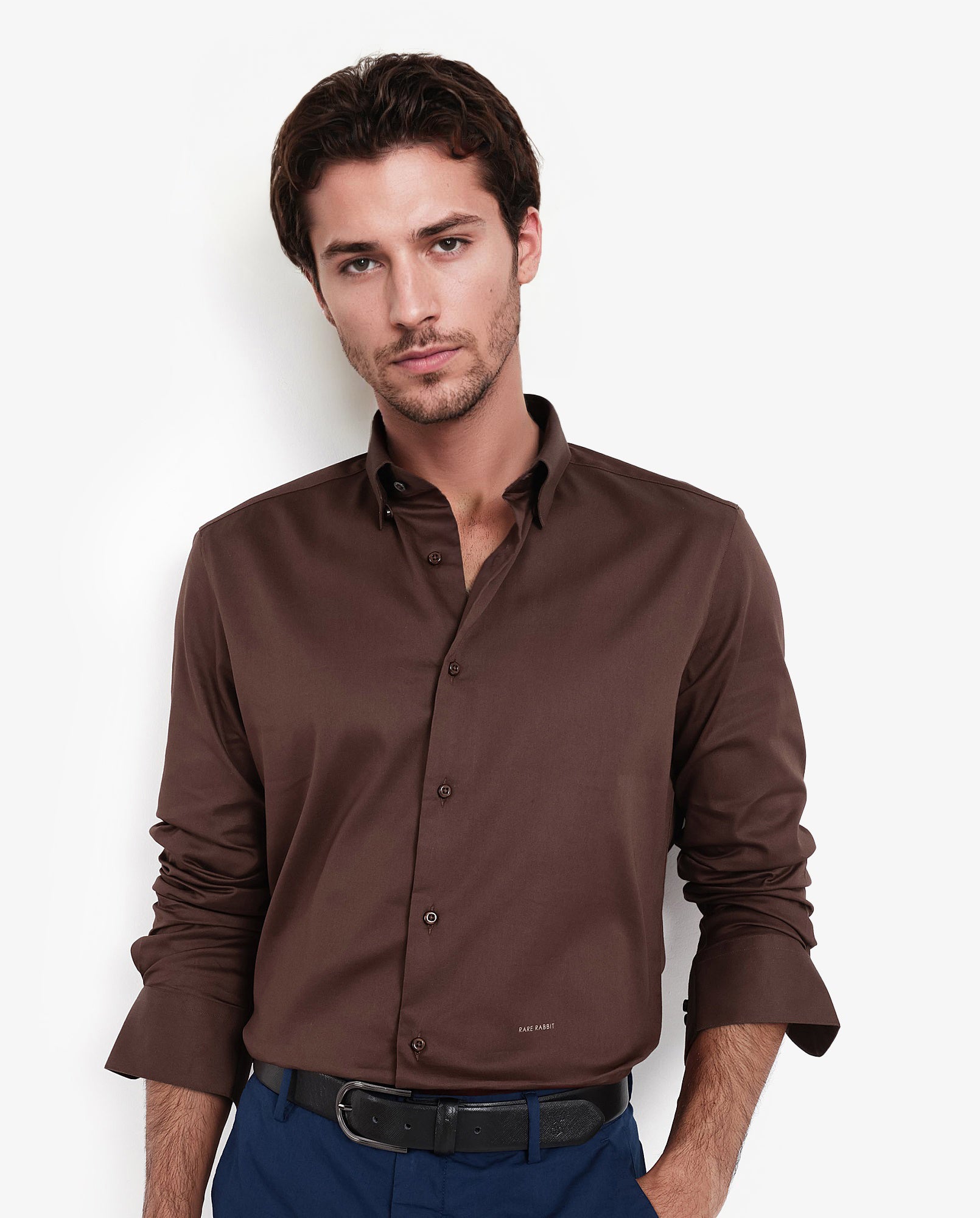 Rare Rabbit Men's Holand Rust Satin Fabric Full Sleeves Solid Shirt