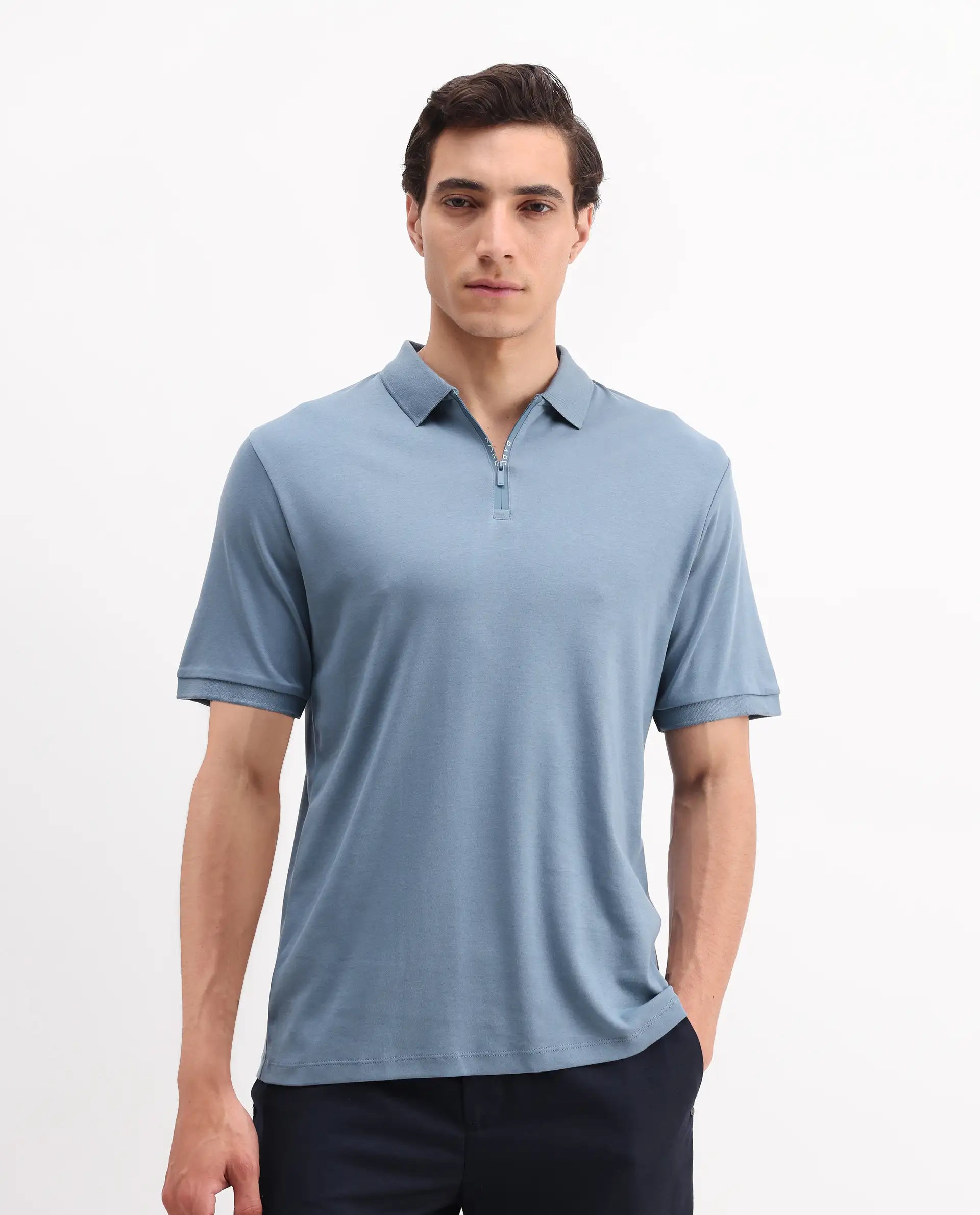 Rare Rabbit Men's Holit-1 Dark Blue Cotton Plain Regular Fit Half Sleeve Polo