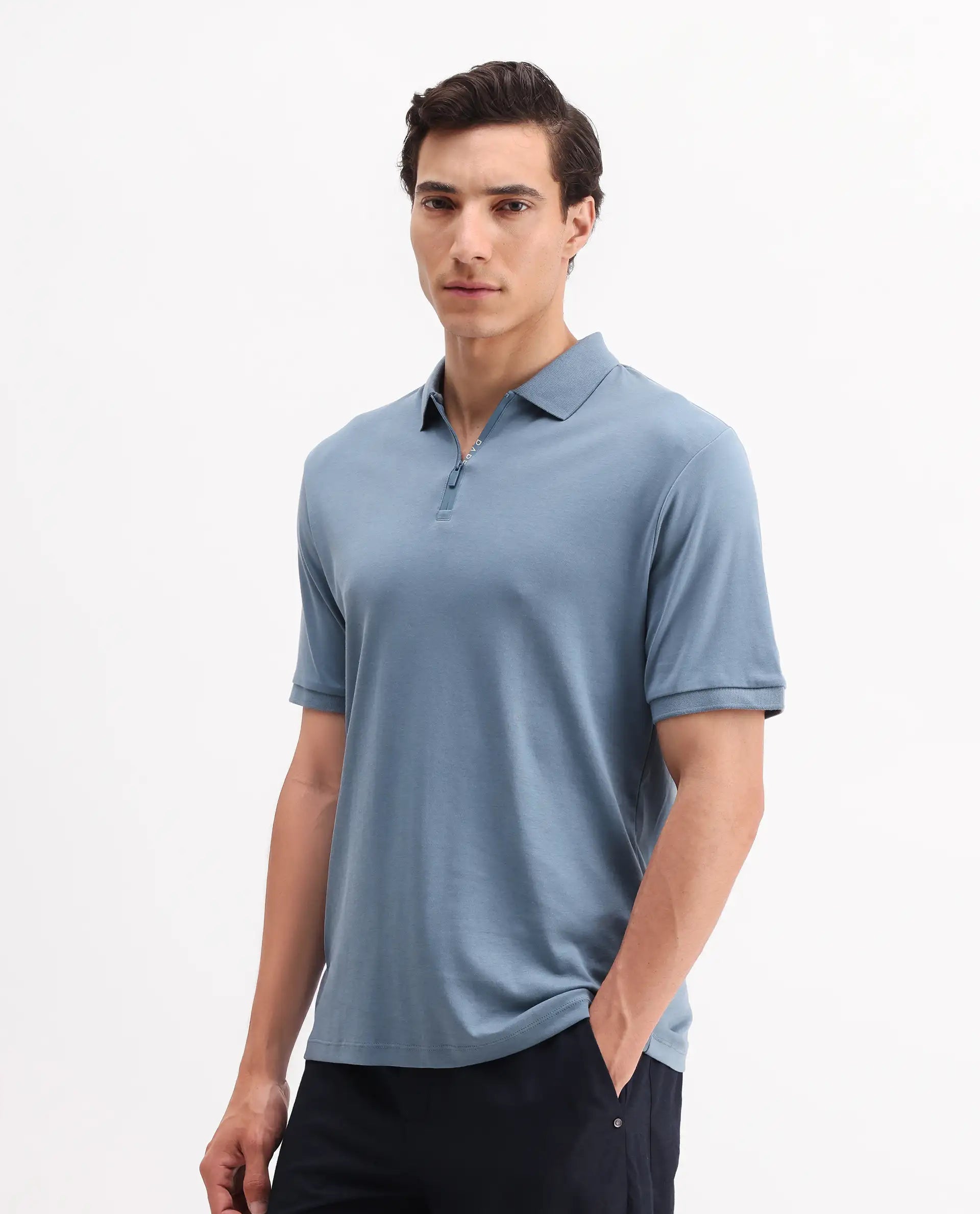 Rare Rabbit Men's Holit-1 Dark Blue Cotton Plain Regular Fit Half Sleeve Polo