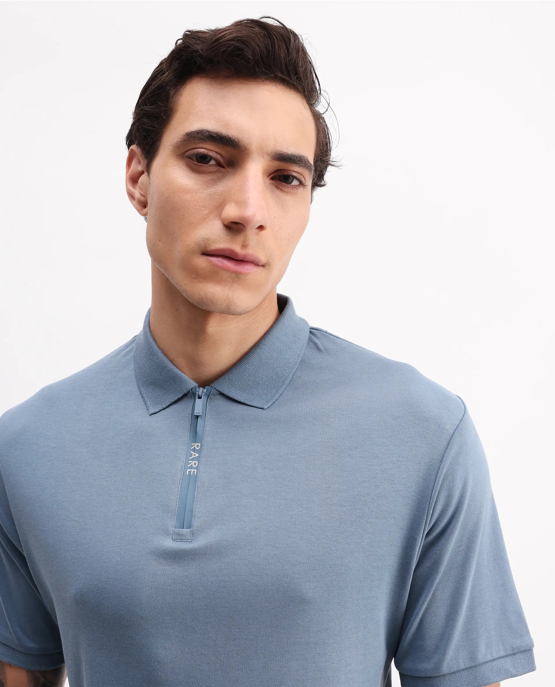 Rare Rabbit Men's Holit-1 Dark Blue Cotton Plain Regular Fit Half Sleeve Polo