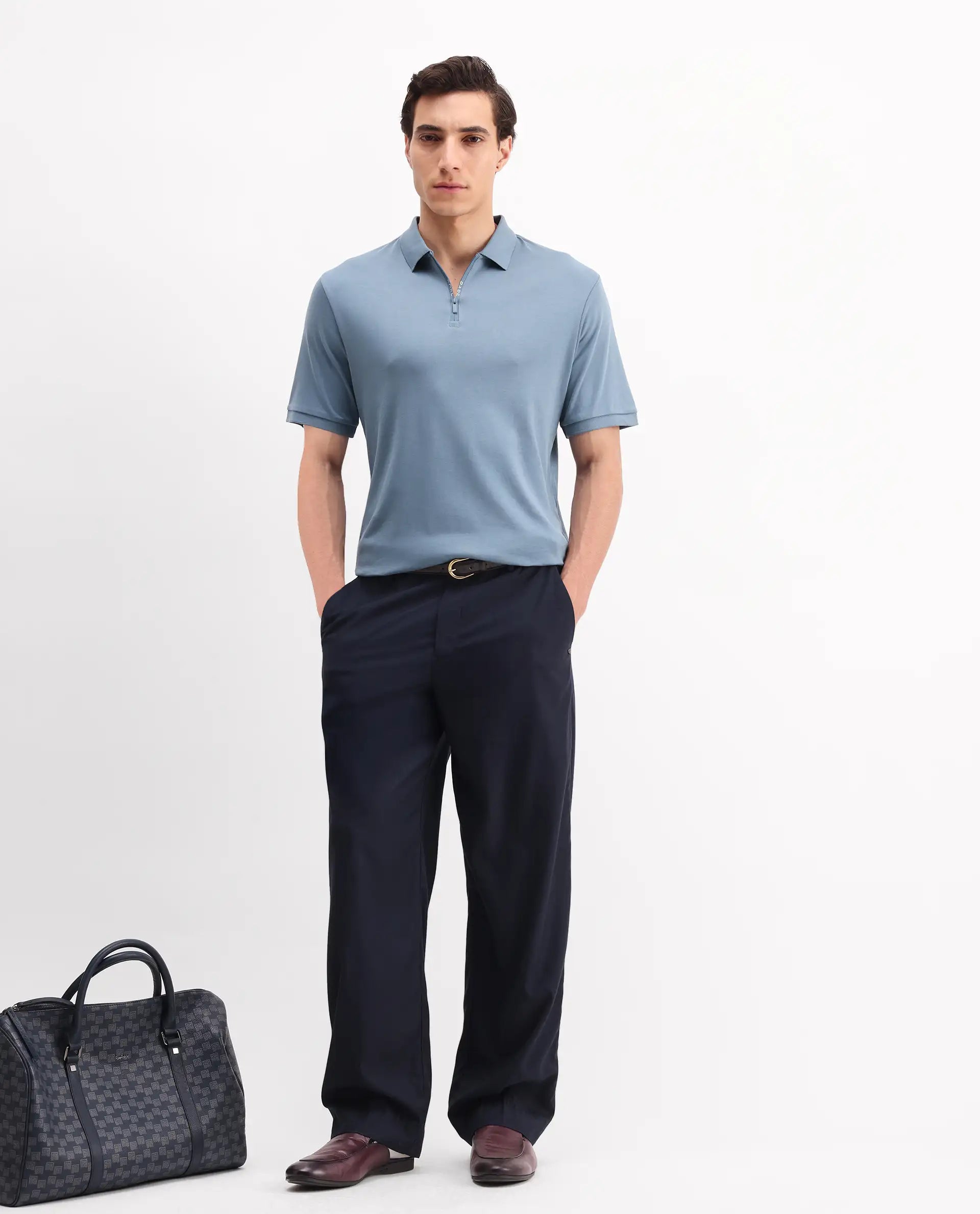 Rare Rabbit Men's Holit-1 Dark Blue Cotton Plain Regular Fit Half Sleeve Polo