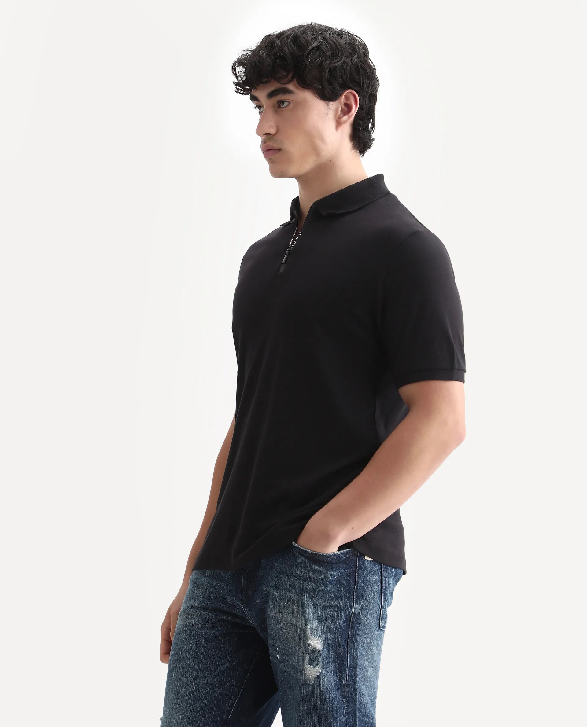 Rare Rabbit Men's Holit Black Cotton Plain Regular Fit Half Sleeve Polo