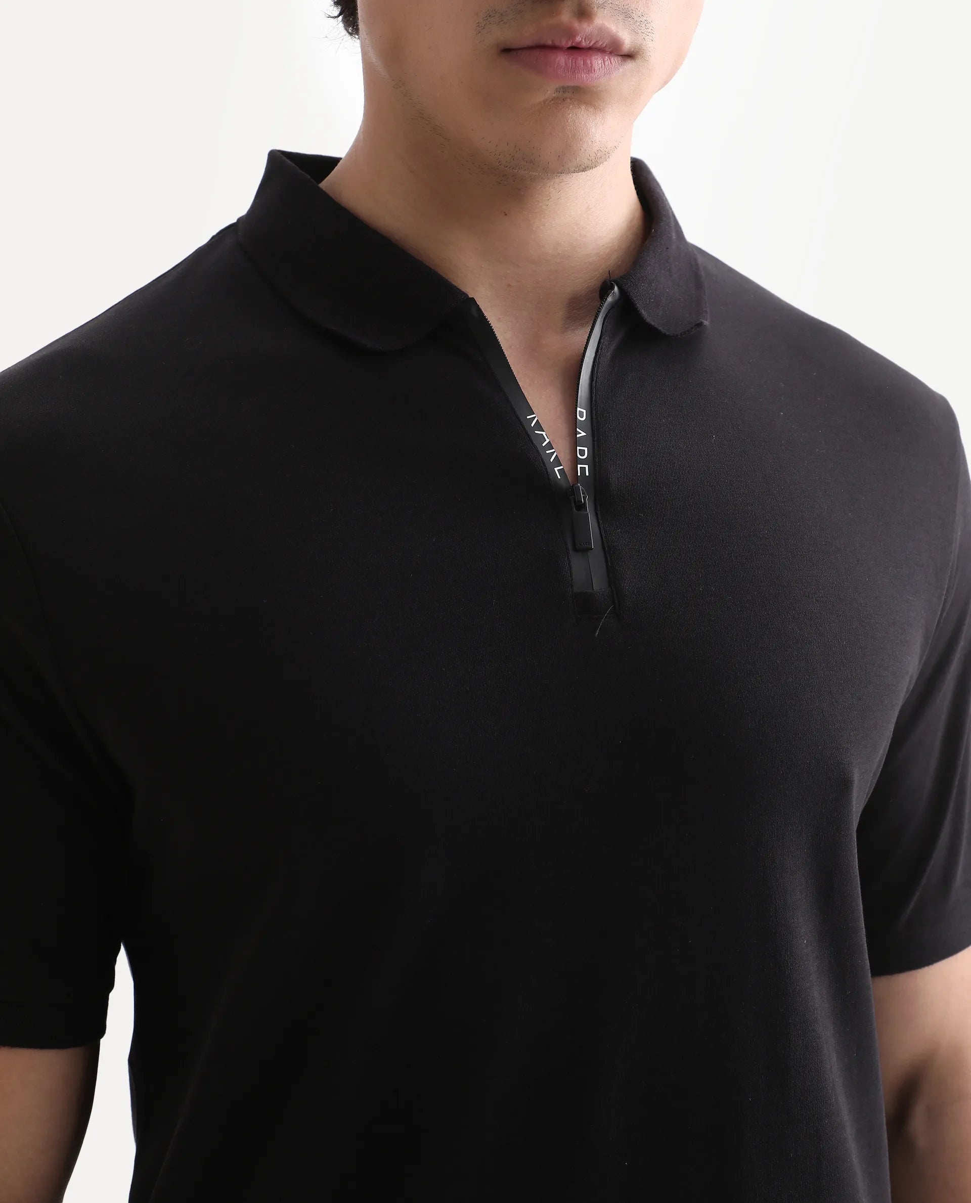 Rare Rabbit Men's Holit Black Cotton Plain Regular Fit Half Sleeve Polo