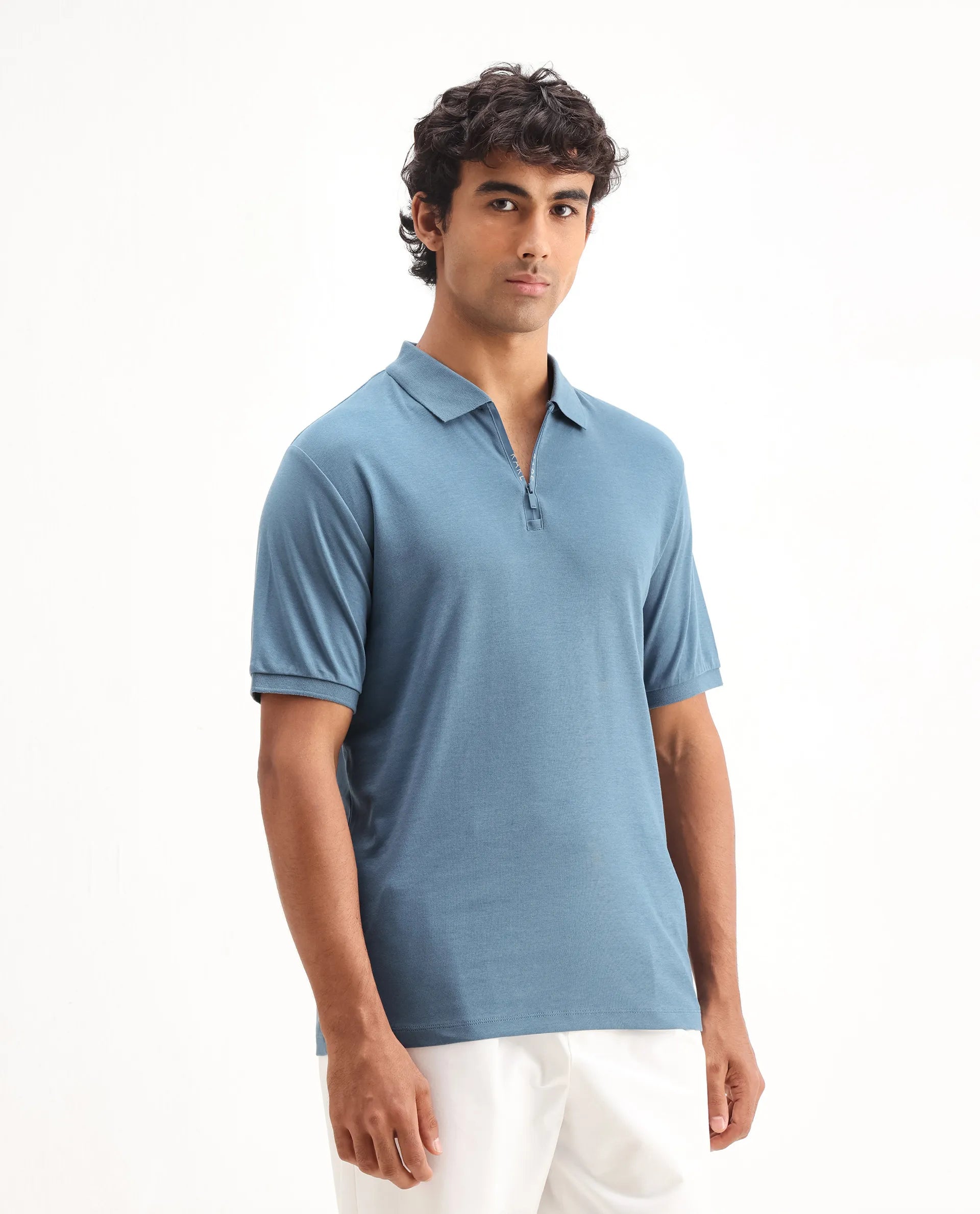 Rare Rabbit Men's Holit Dark Blue Cotton Plain Regular Fit Half Sleeve Polo