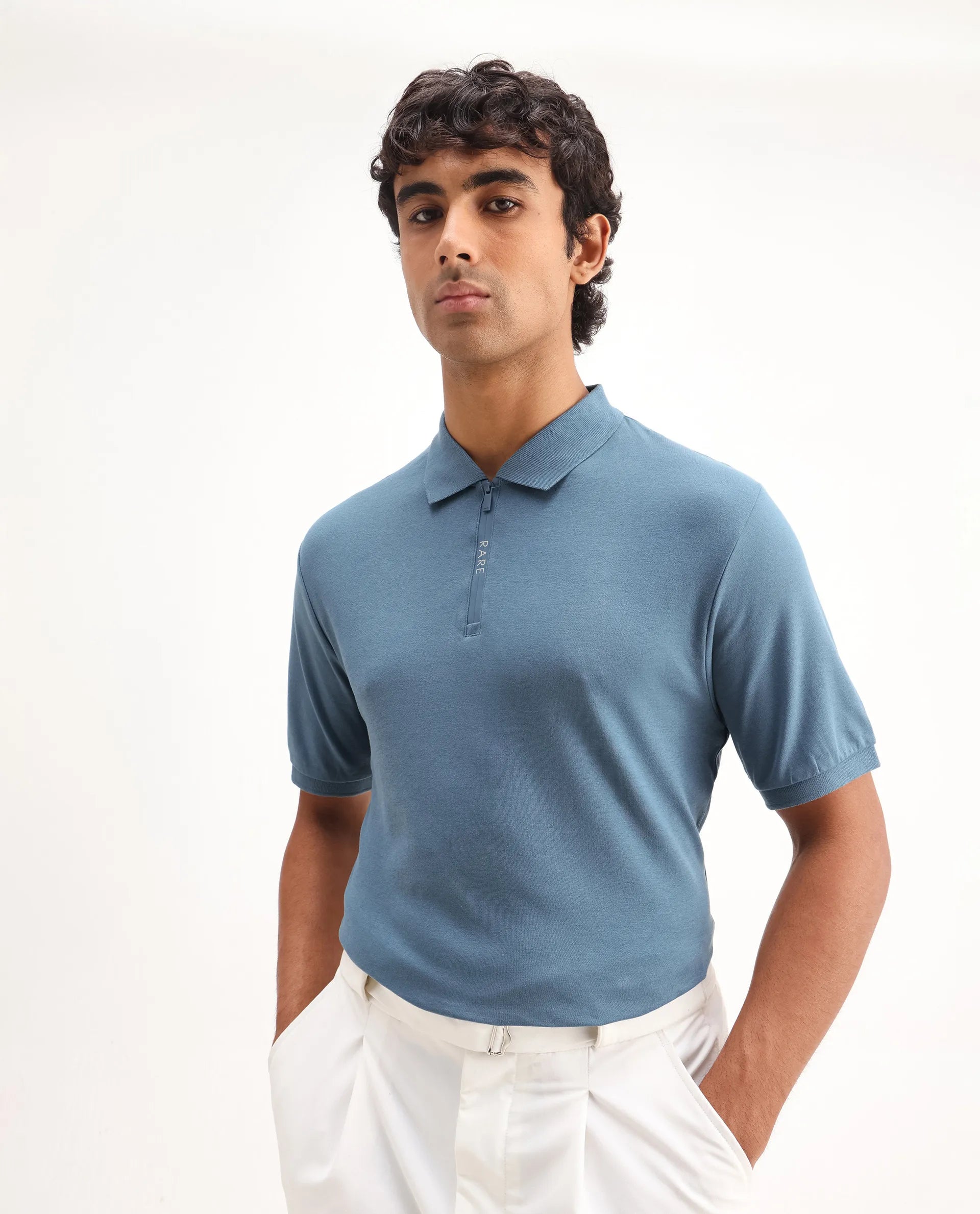Rare Rabbit Men's Holit Dark Blue Cotton Plain Regular Fit Half Sleeve Polo