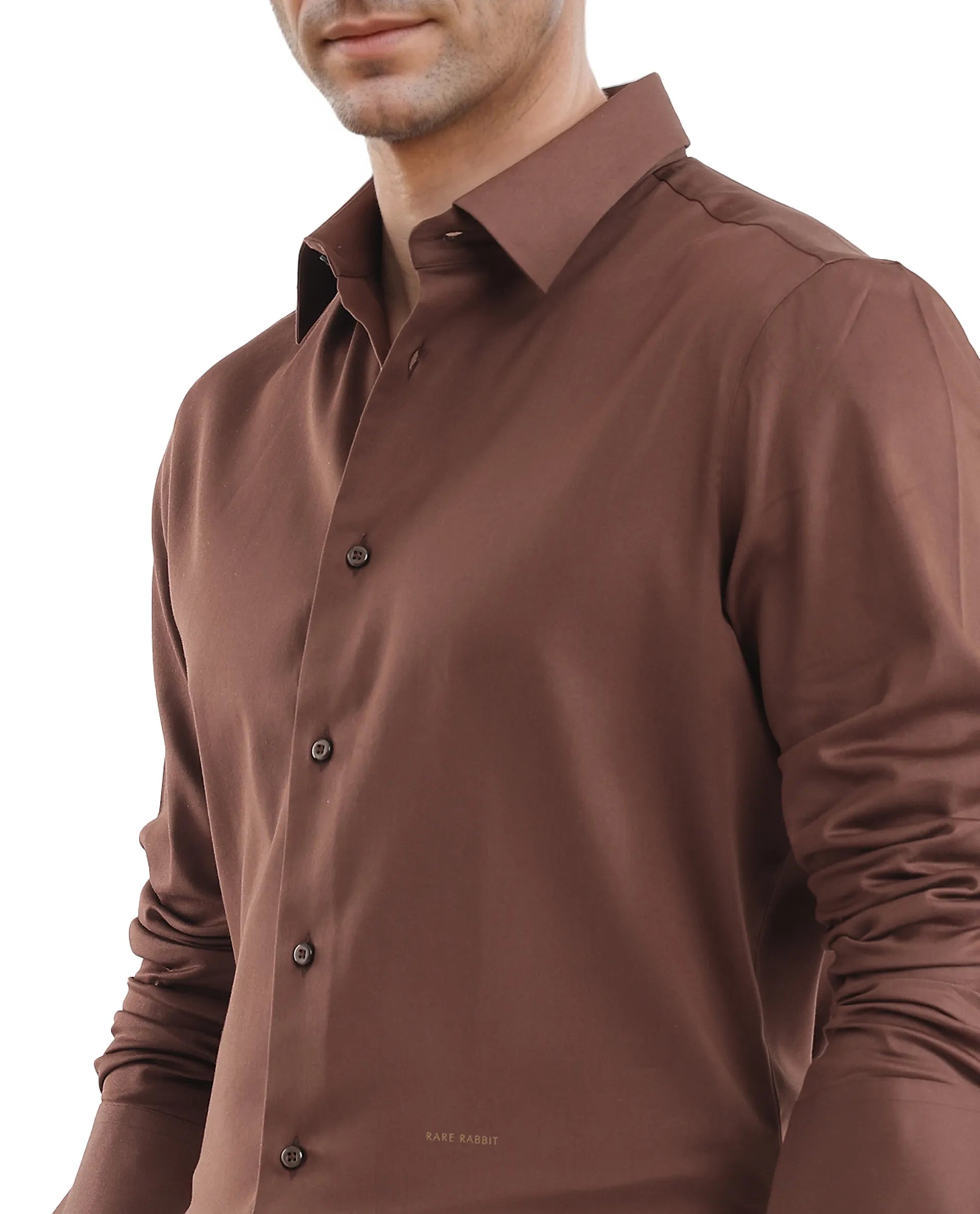 Rare Rabbit Men Holla-25 Brown Cotton Poly Fabric Full Sleeve Collared Neck Button Closure Plain Shirt