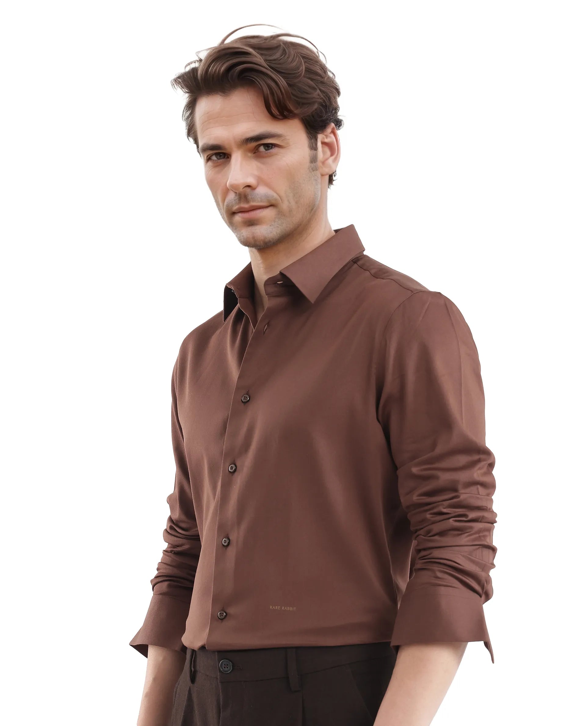 Rare Rabbit Men Holla-25 Brown Cotton Poly Fabric Full Sleeve Collared Neck Button Closure Plain Shirt