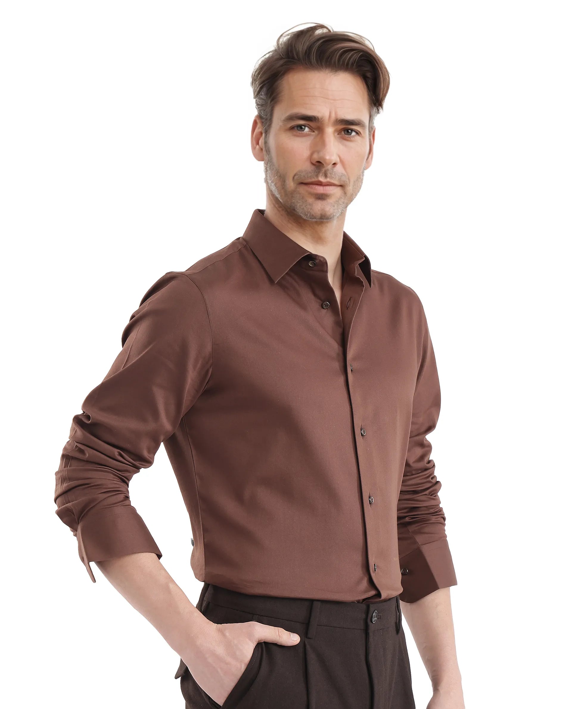 Rare Rabbit Men Holla-25 Brown Cotton Poly Fabric Full Sleeve Collared Neck Button Closure Plain Shirt