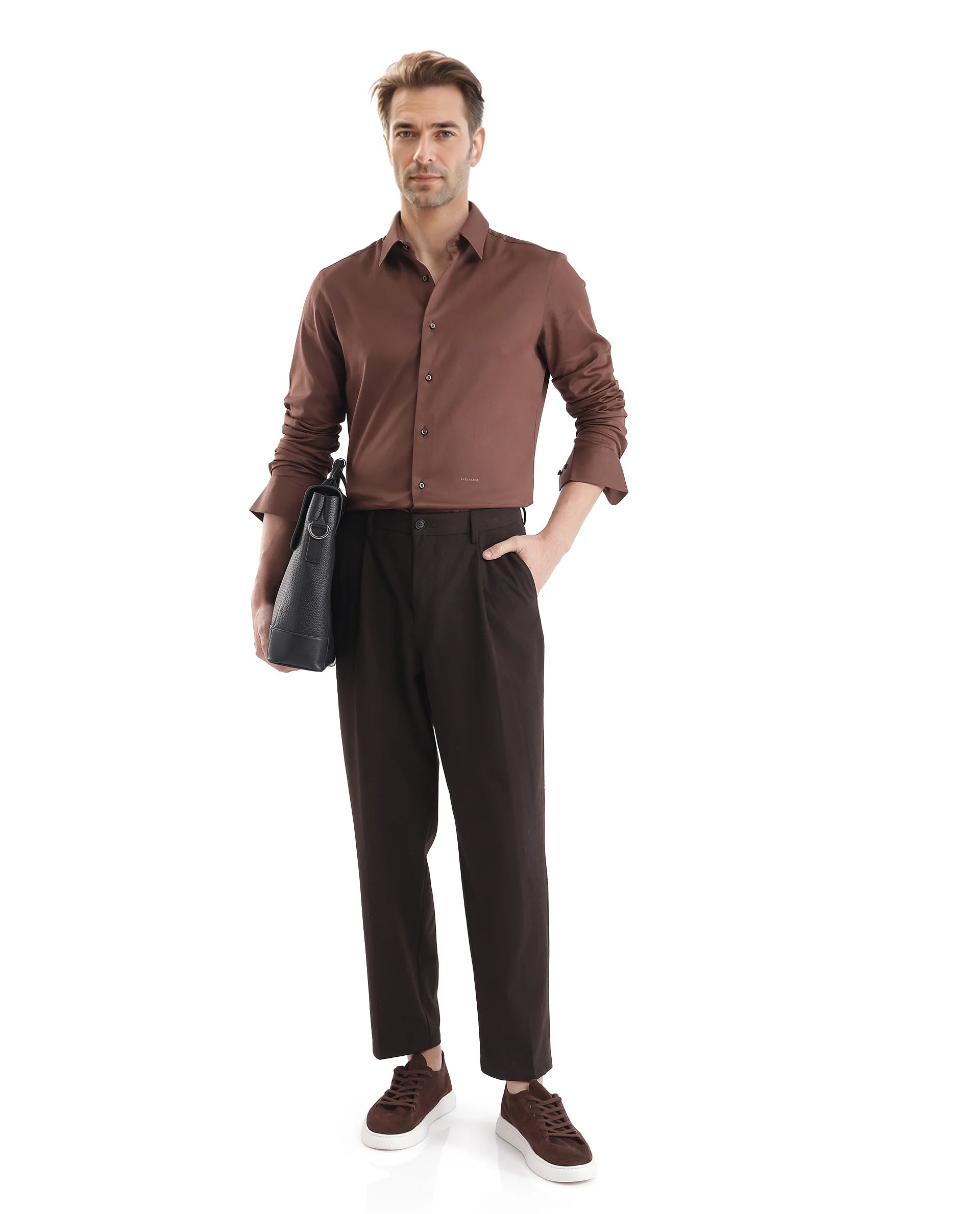 Rare Rabbit Men Holla-25 Brown Cotton Poly Fabric Full Sleeve Collared Neck Button Closure Plain Shirt