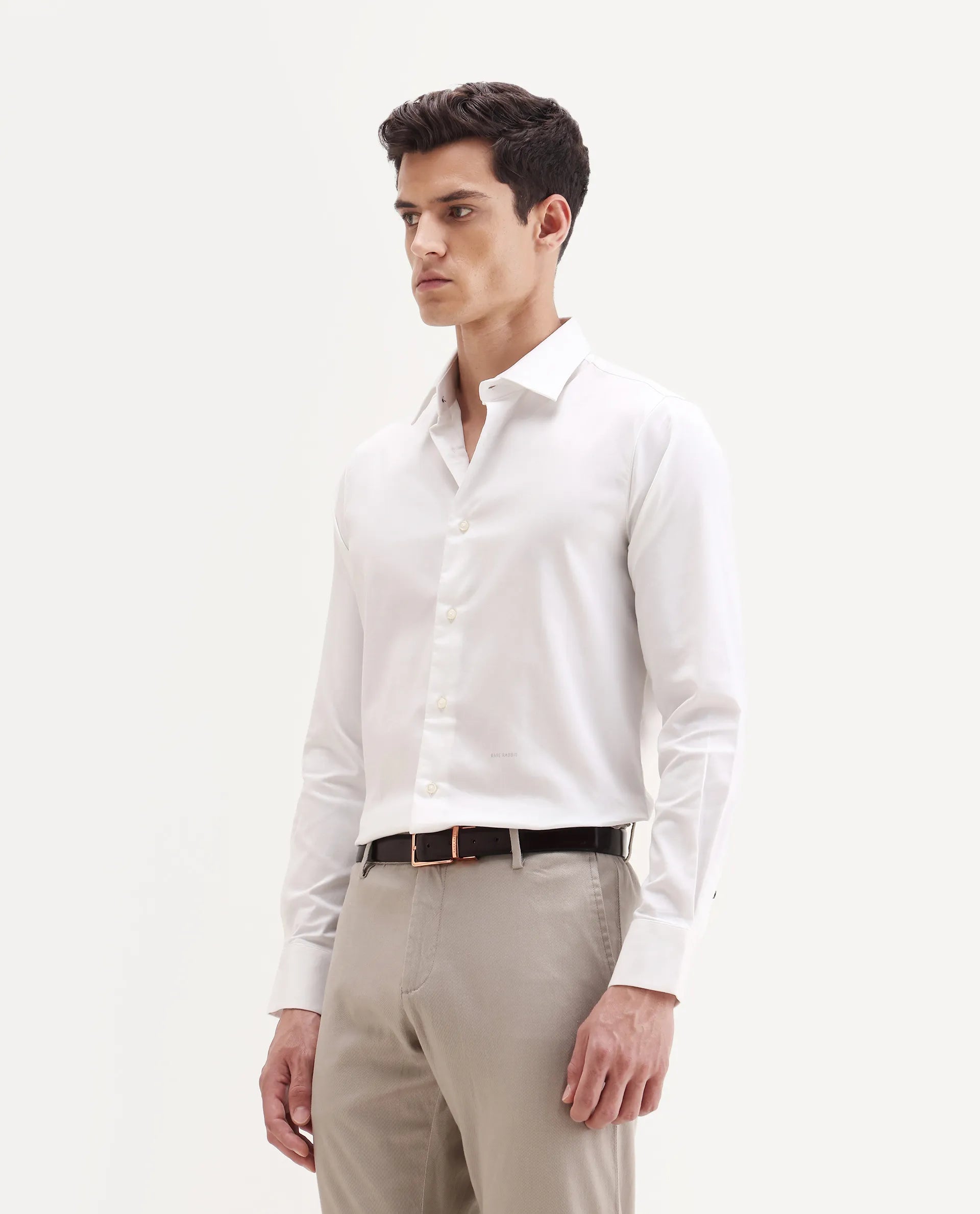 Rare Rabbit Men's Holla-25 White Cotton Blend Plain Regular Fit Full Sleeve Collared Shirt