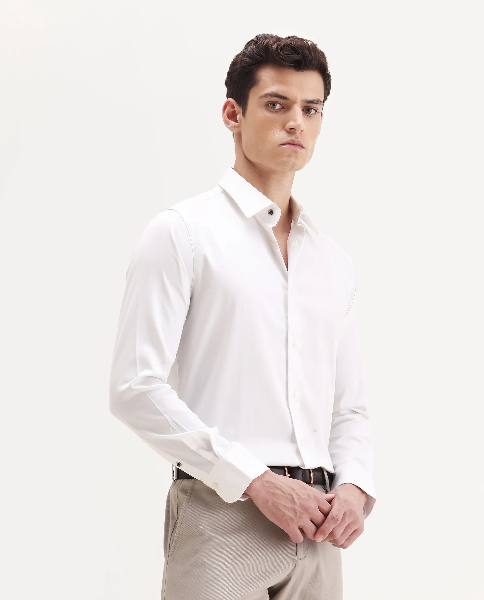 Rare Rabbit Men's Holla-25 White Cotton Blend Plain Regular Fit Full Sleeve Collared Shirt