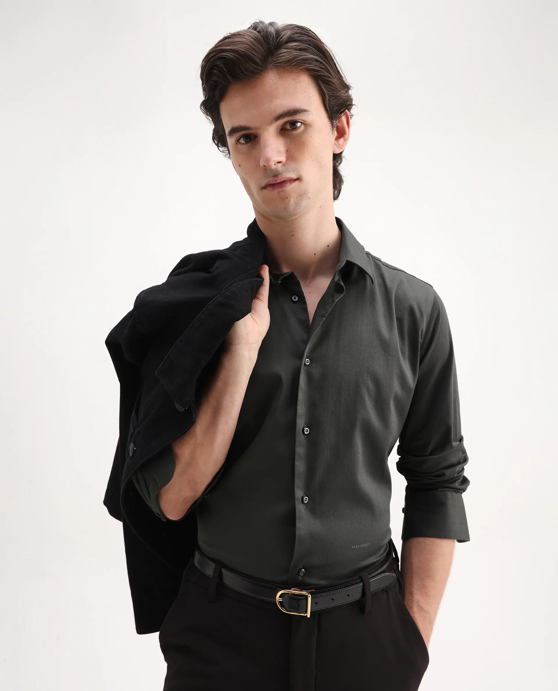 Rare Rabbit Men's Holla-26 Olive Cotton Plain Regular Fit Full Sleeve Collared Shirt