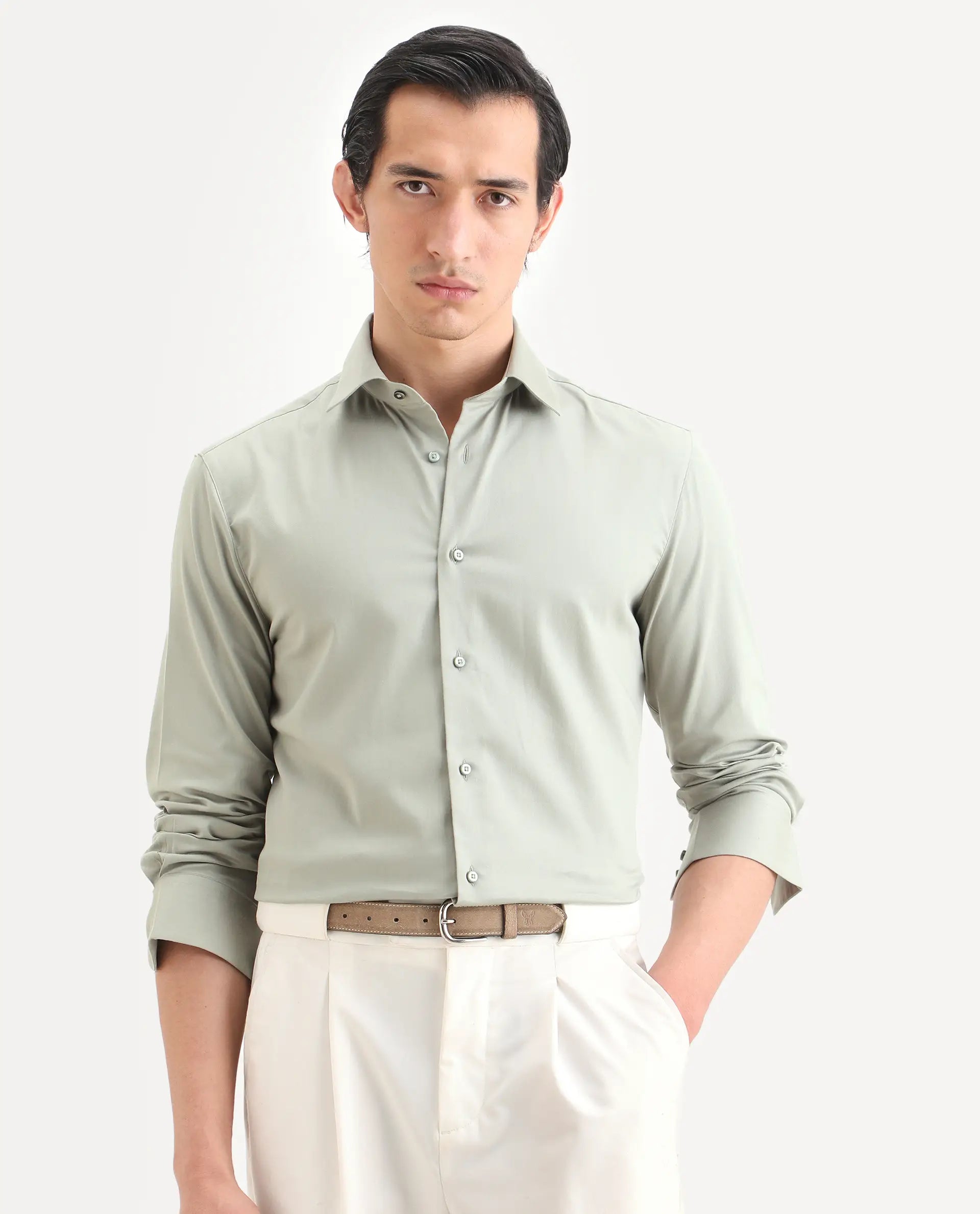 Rare Rabbit Men's Holla-Ss26 Pastel Green Cotton Blend Fabric Full Sleeve Spread Collar Regular Fit Plain Shirt