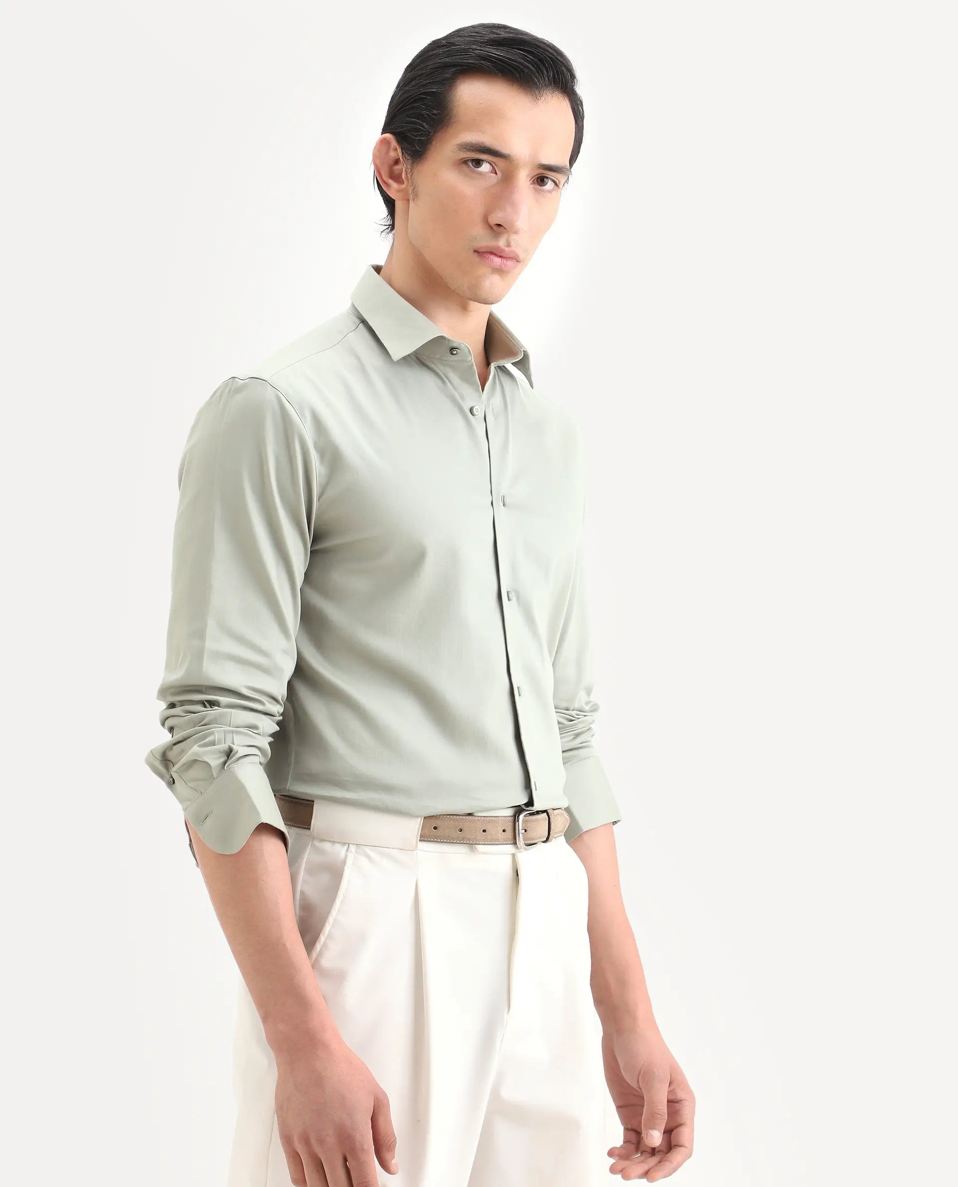 Rare Rabbit Men's Holla-Ss26 Pastel Green Cotton Blend Fabric Full Sleeve Spread Collar Regular Fit Plain Shirt