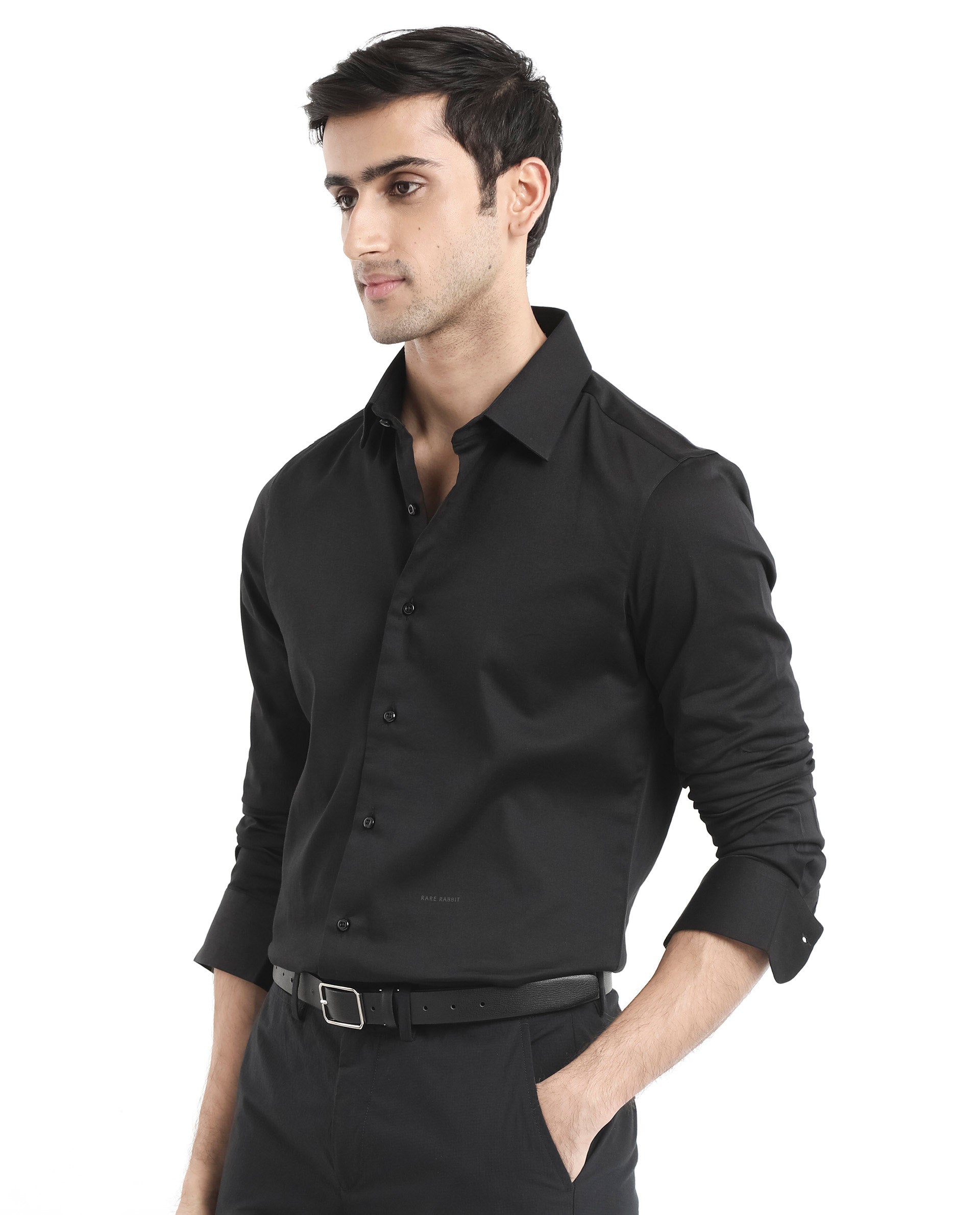 Rare Rabbit  Men's Holla Black Full Sleeves Regular Fit Satin Stretch Cotton Plain Shirt