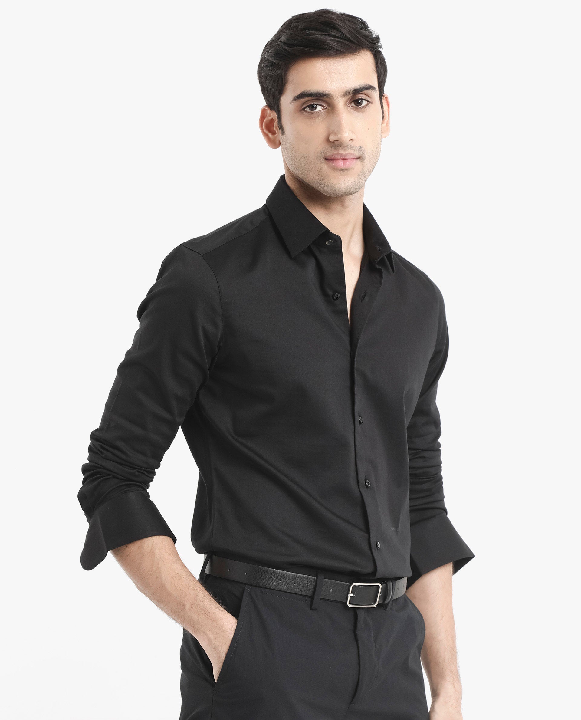 Rare Rabbit  Men's Holla Black Full Sleeves Regular Fit Satin Stretch Cotton Plain Shirt