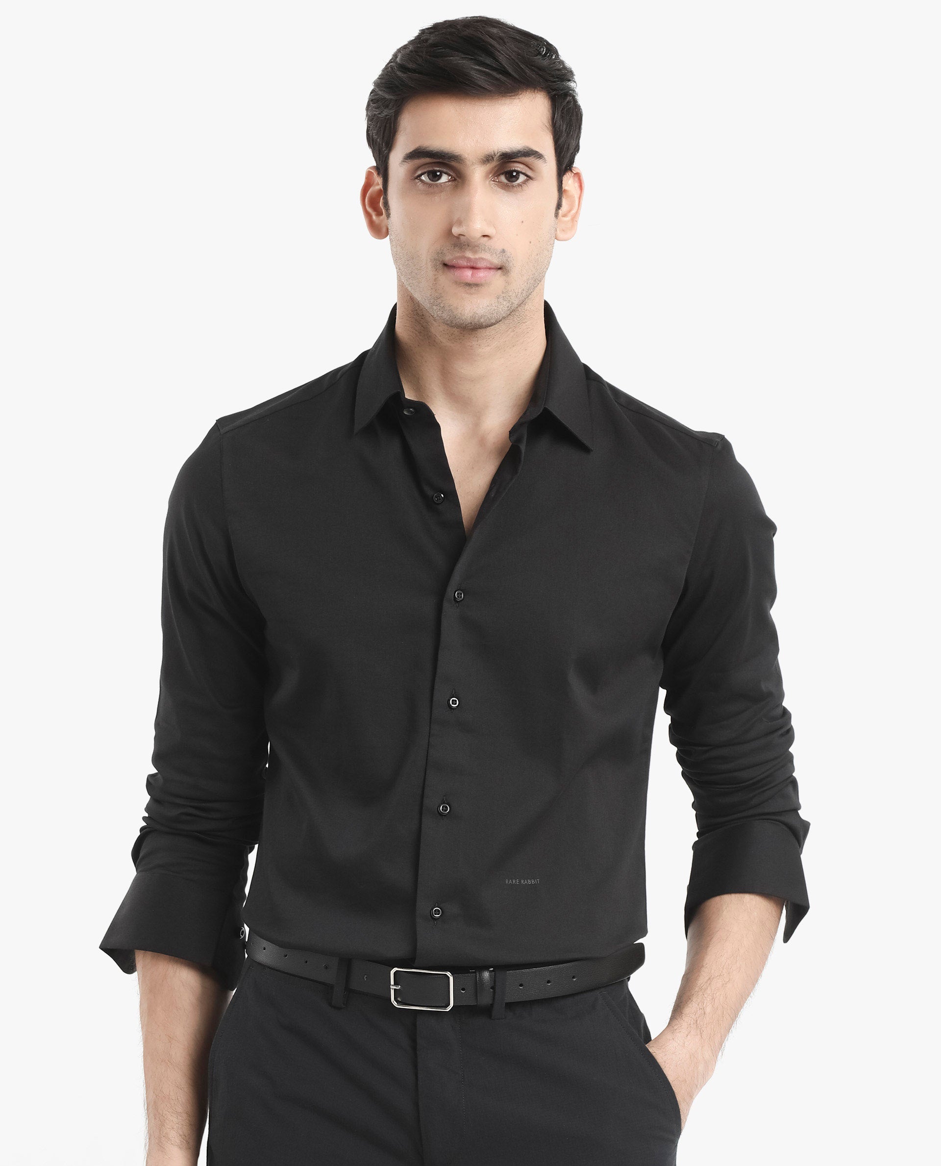 Rare Rabbit  Men's Holla Black Full Sleeves Regular Fit Satin Stretch Cotton Plain Shirt