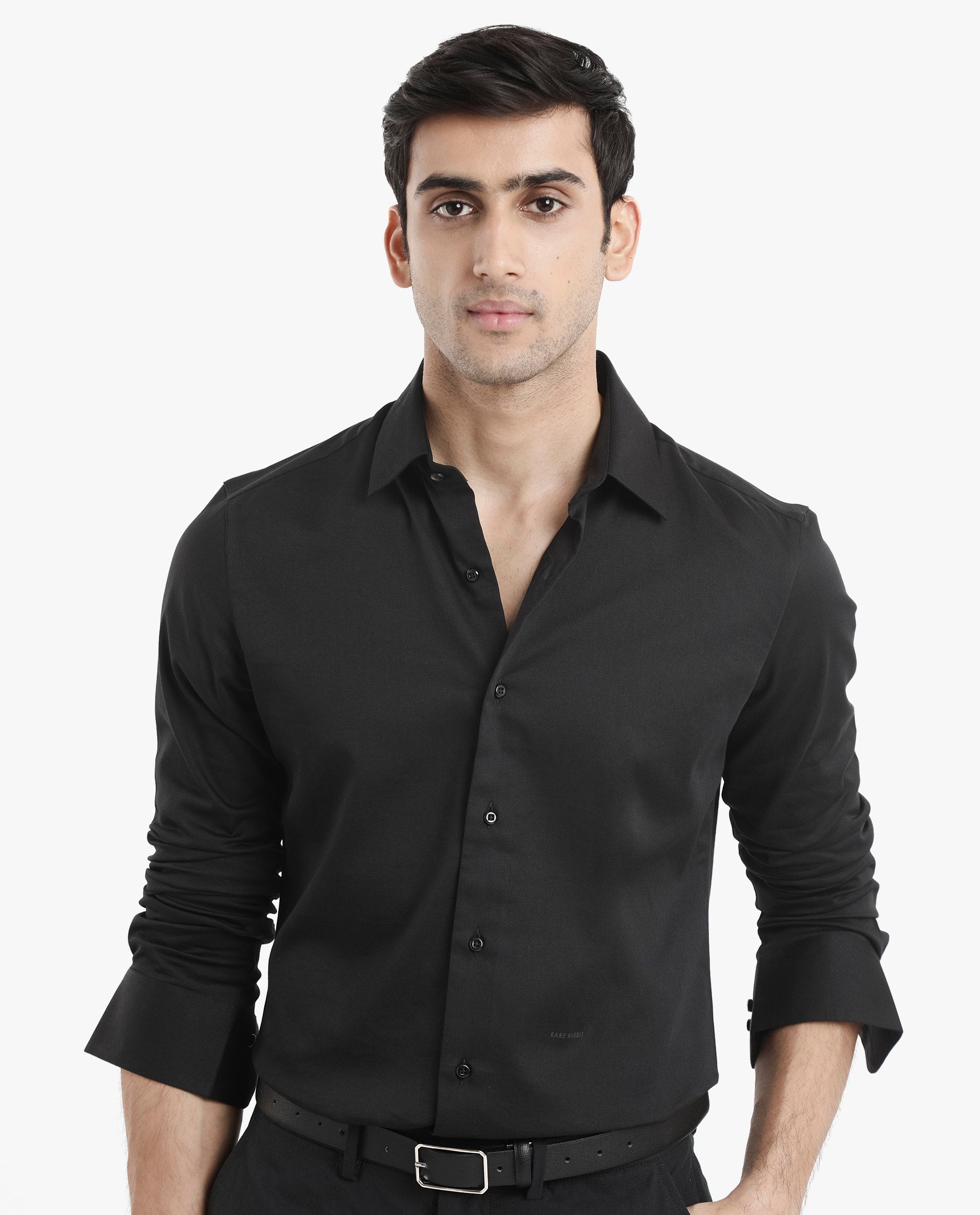 Rare Rabbit  Men's Holla Black Full Sleeves Regular Fit Satin Stretch Cotton Plain Shirt