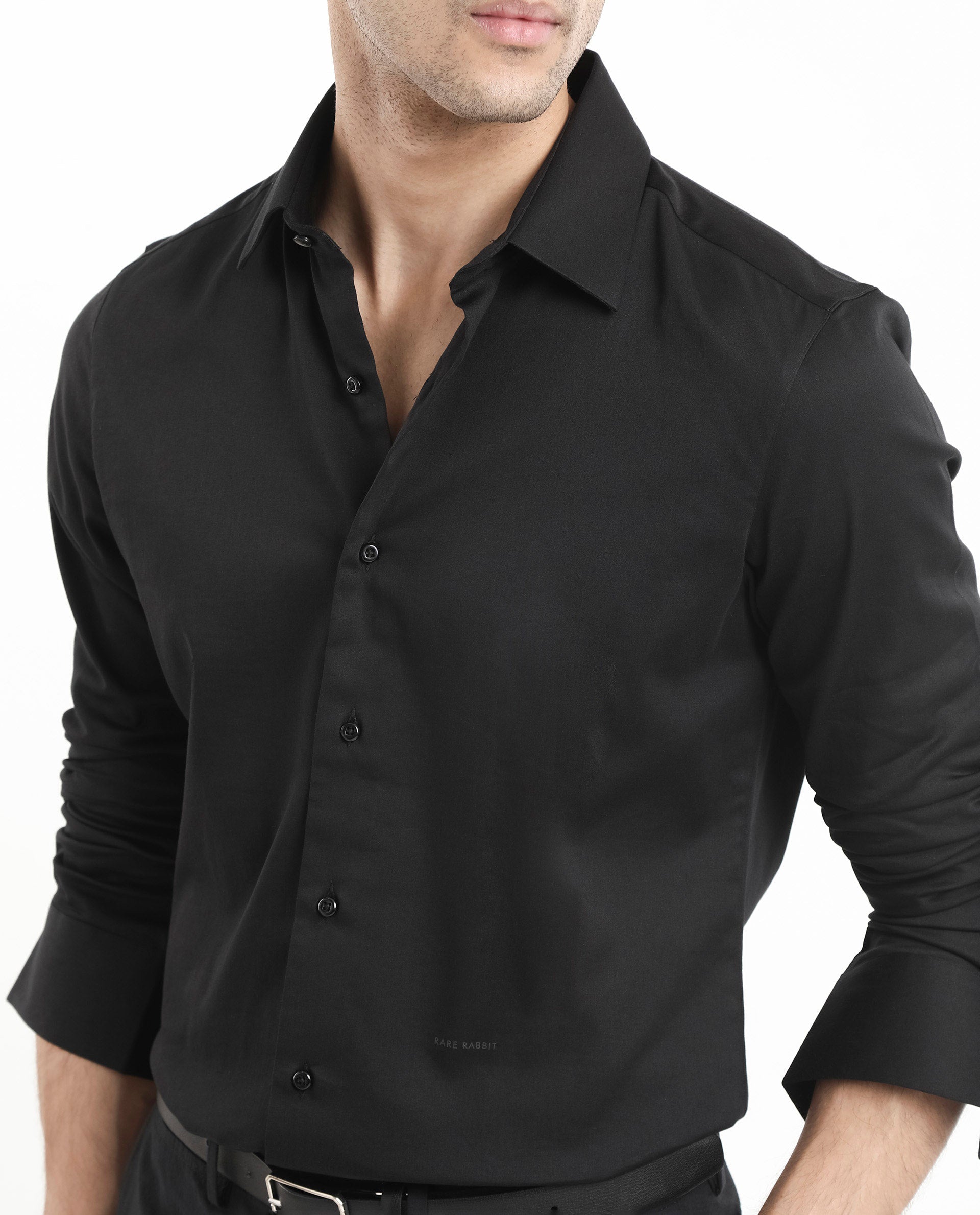 Rare Rabbit  Men's Holla Black Full Sleeves Regular Fit Satin Stretch Cotton Plain Shirt