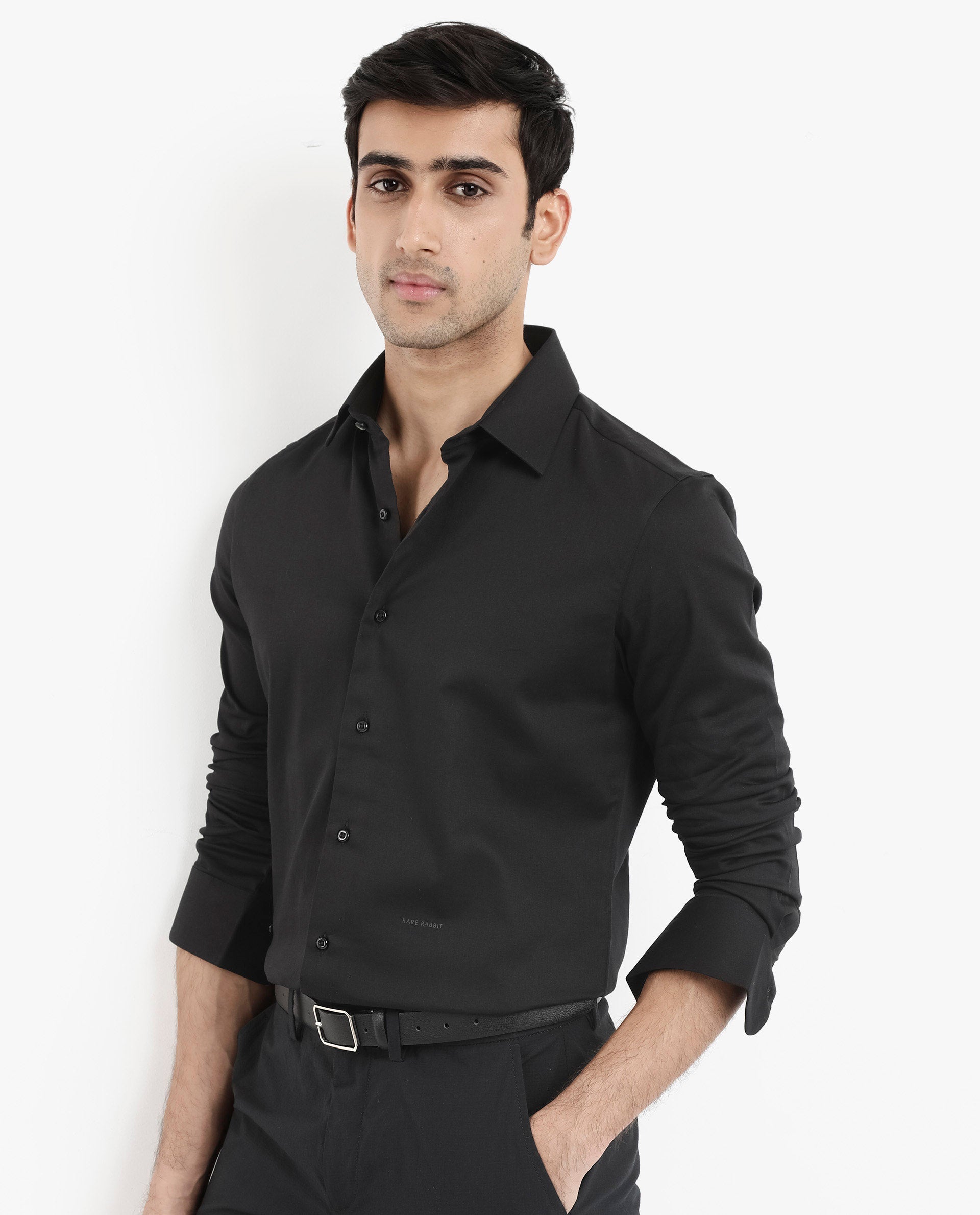 Rare Rabbit  Men's Holla Black Full Sleeves Regular Fit Satin Stretch Cotton Plain Shirt