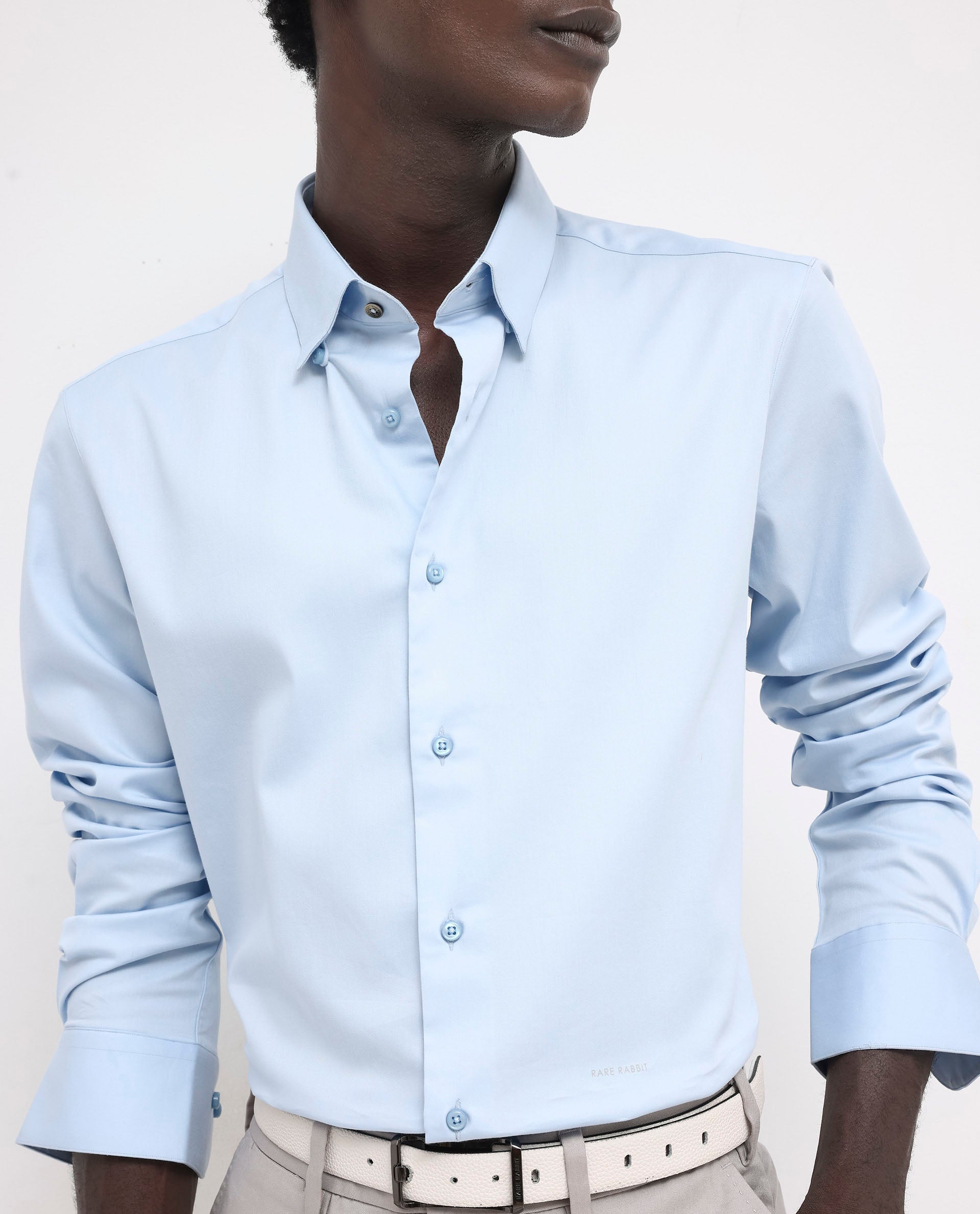 Rare Rabbit Men's Holand Light Blue Satin Fabric Full Sleeves Solid Shirt