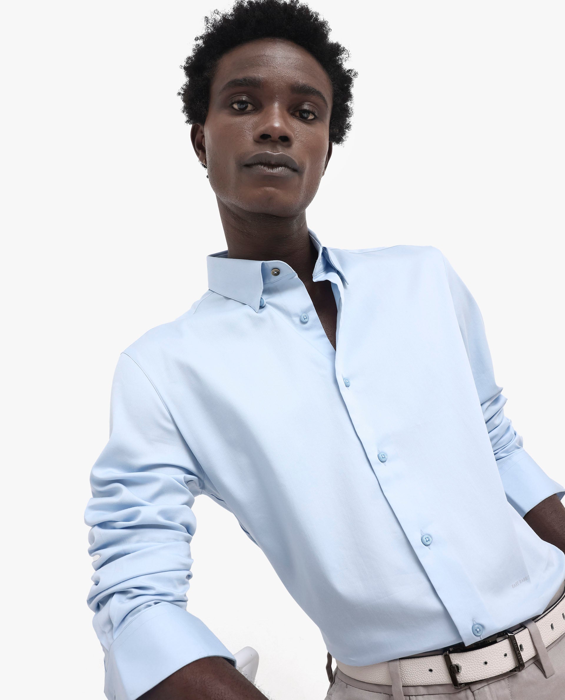 Rare Rabbit Men's Holand Light Blue Satin Plain Regular Fit Full Sleeve Collared Shirt