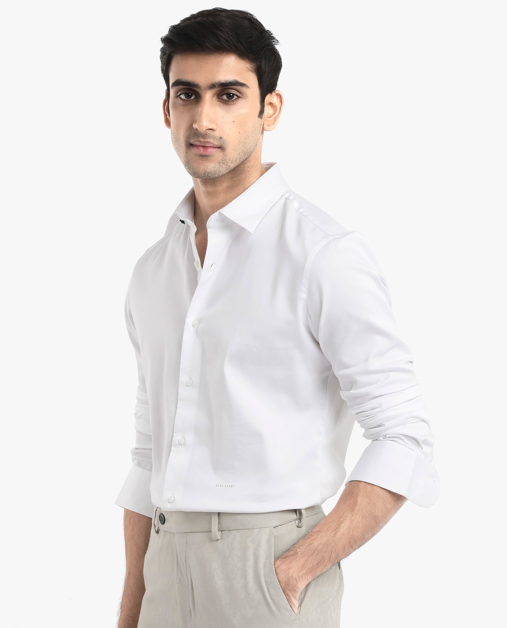 Rare Rabbit  Men's Holla White Full Sleeves Regular Fit Satin Stretch Cotton Plain Shirt