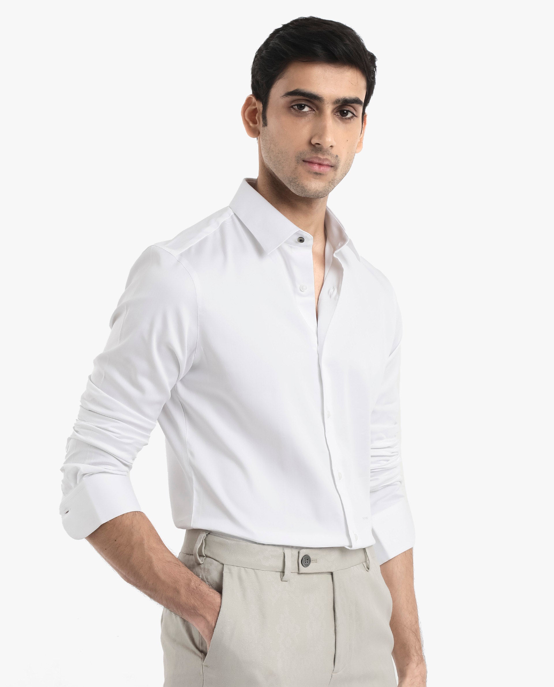 Rare Rabbit  Men's Holla White Full Sleeves Regular Fit Satin Stretch Cotton Plain Shirt