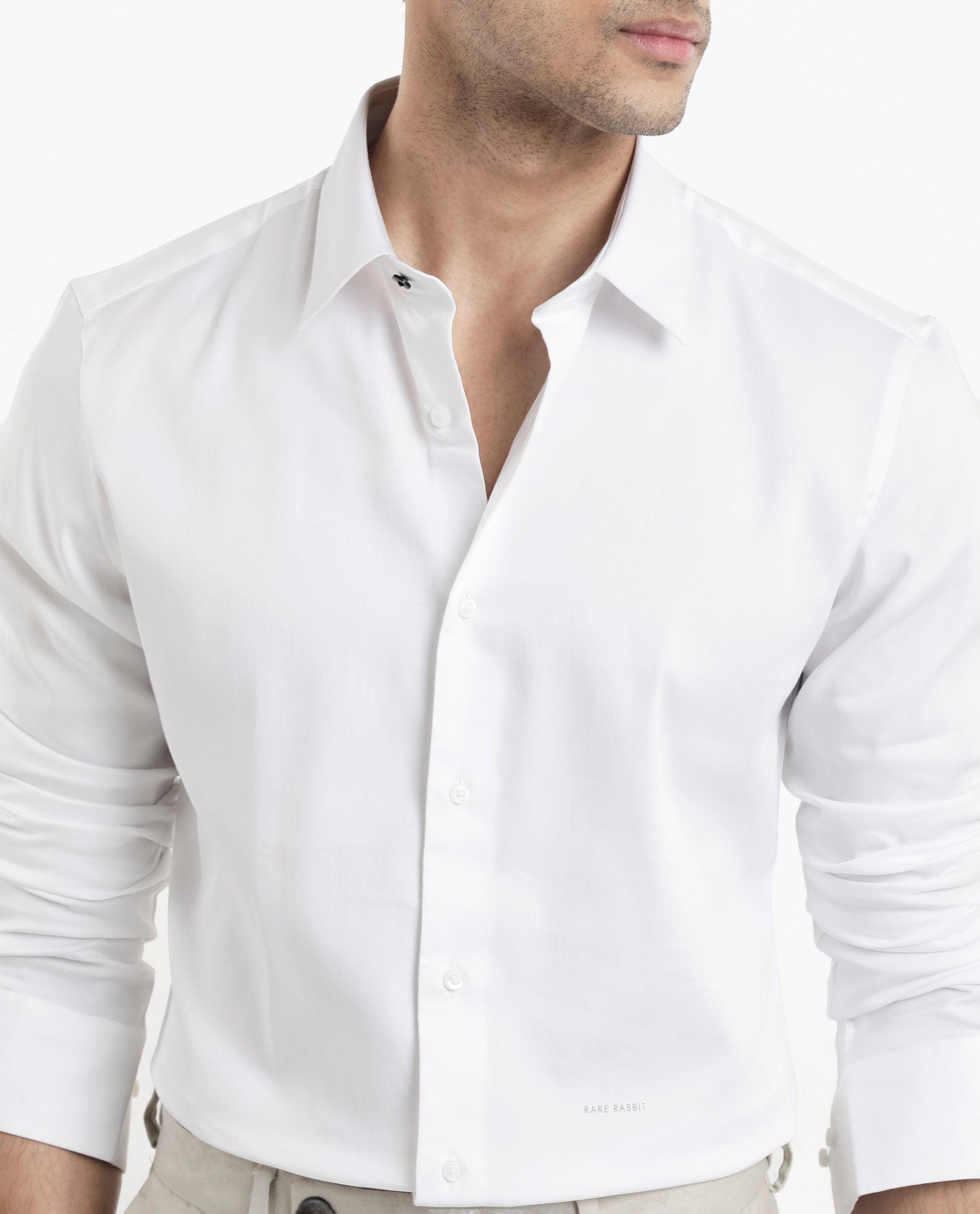 Rare Rabbit  Men's Holla White Full Sleeves Regular Fit Satin Stretch Cotton Plain Shirt