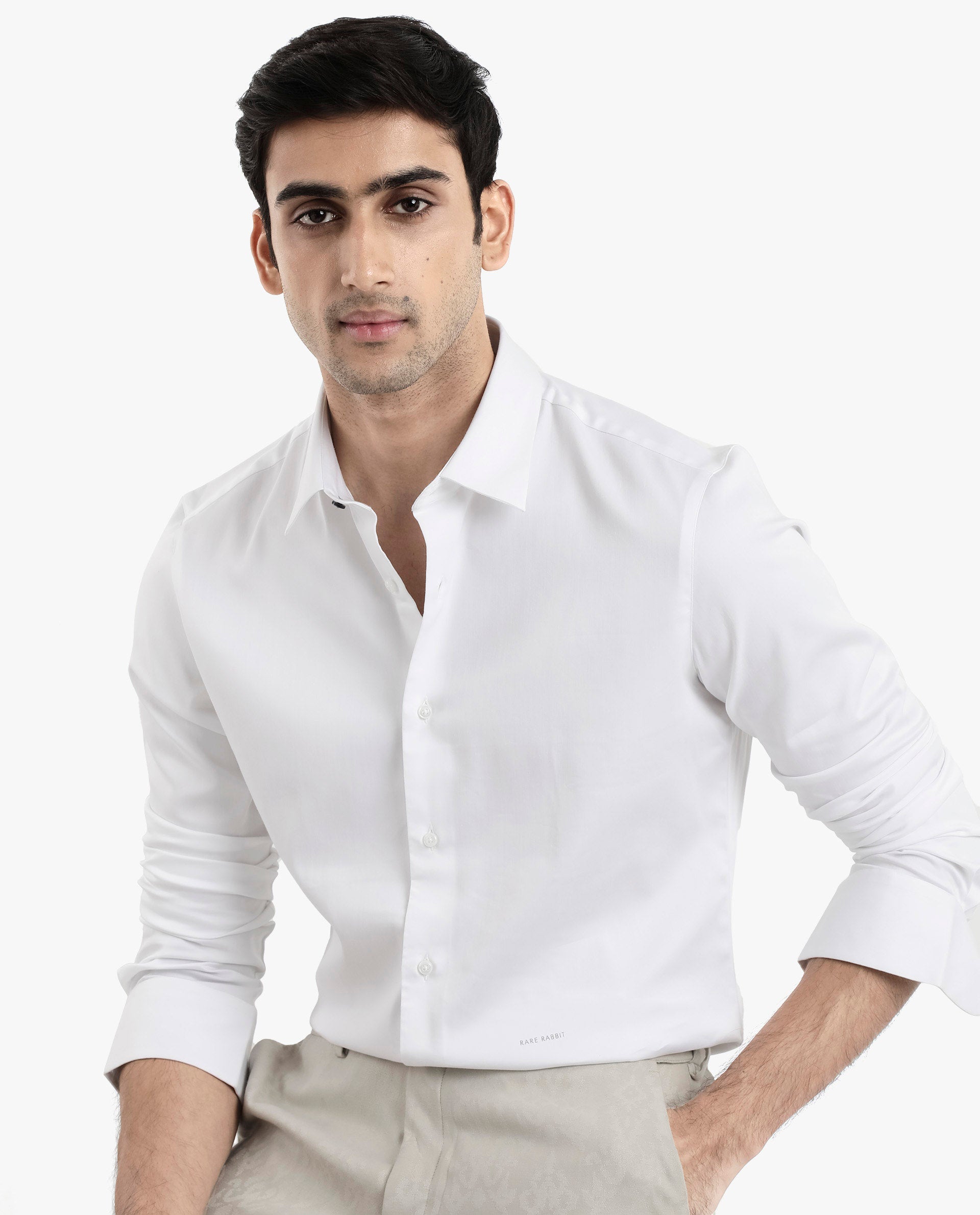 Rare Rabbit  Men's Holla White Full Sleeves Regular Fit Satin Stretch Cotton Plain Shirt