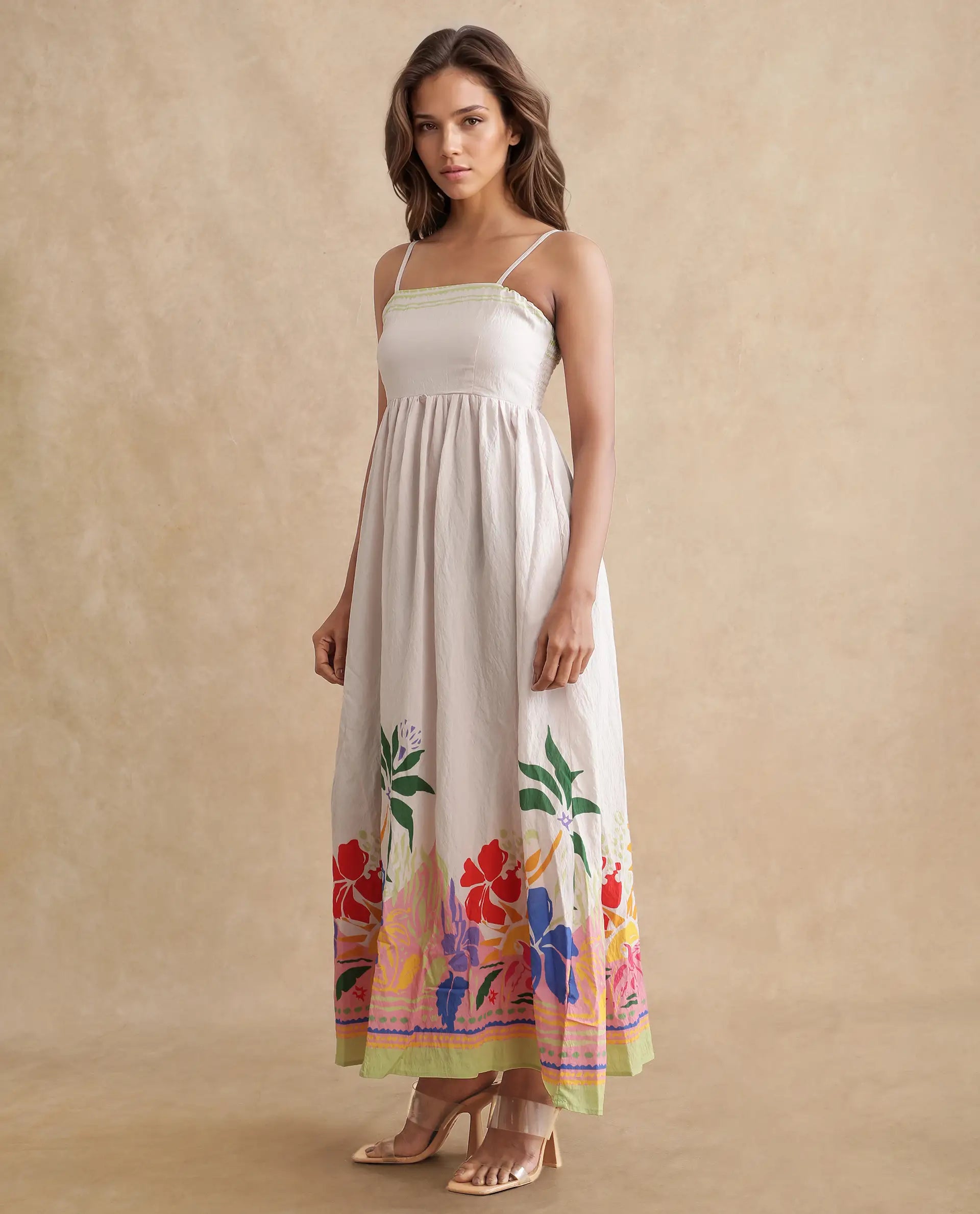 Rareism Women's Holley Multi Rayon Shoulder Strap Floral Print Shoulder Strap Maxi Fit And Flare Dress