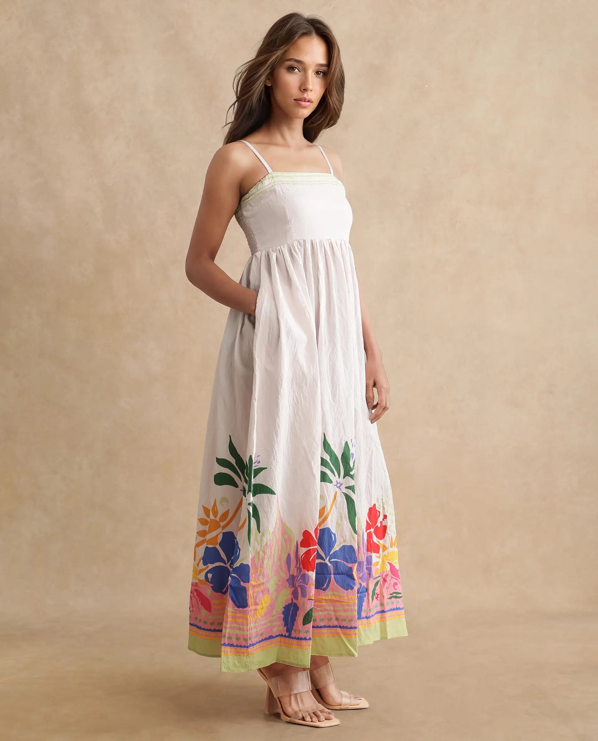 Rareism Women's Holley Multi Rayon Shoulder Strap Floral Print Shoulder Strap Maxi Fit And Flare Dress