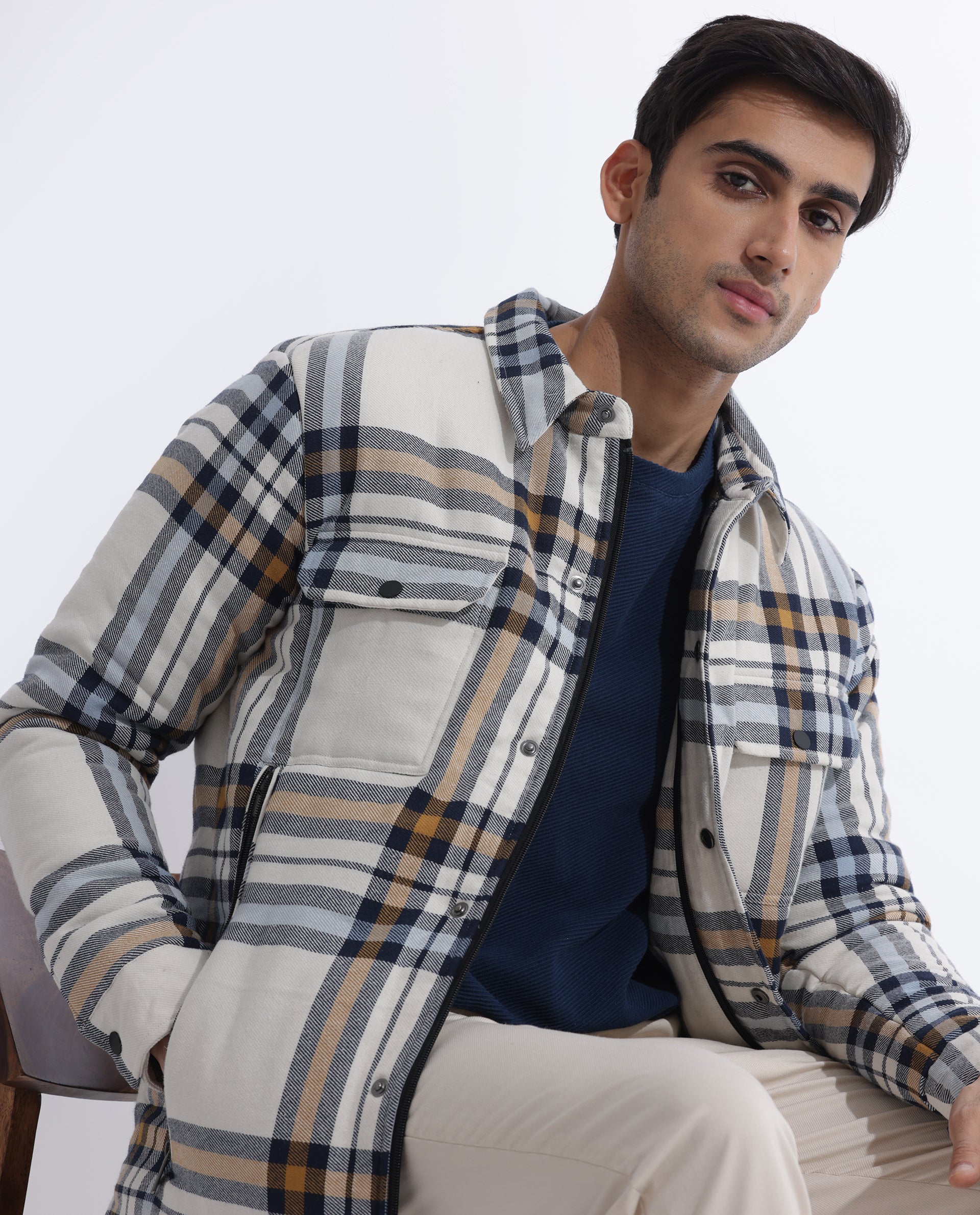 Rare Rabbit Men's Hollis Off White Cotton Checked Print Regular Fit Full Sleeve Spread Collar Jacket