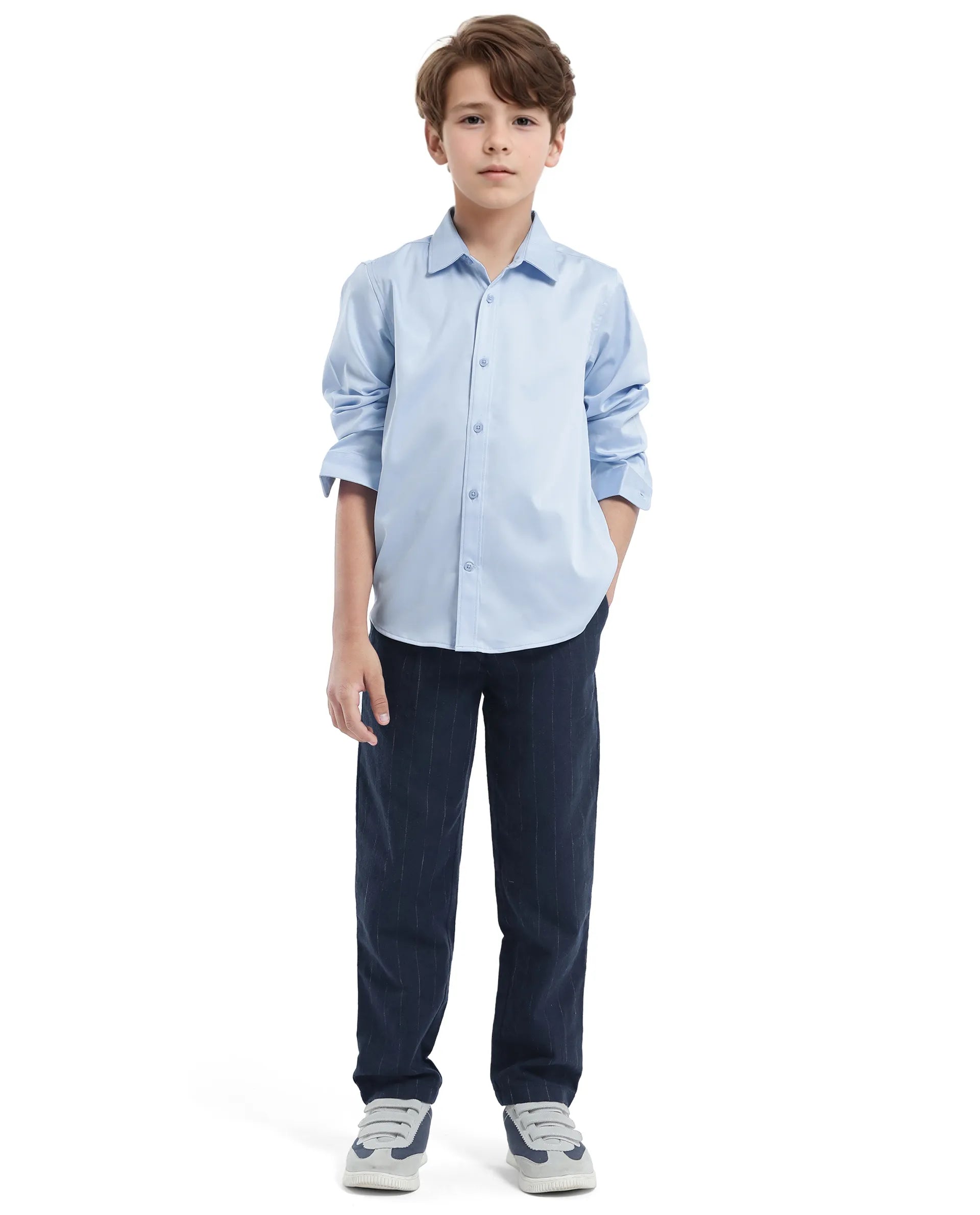 Rare Ones Kids Holo Light Blue Cotton Blend Full Sleeve Button Solid Regular Fit Shirt