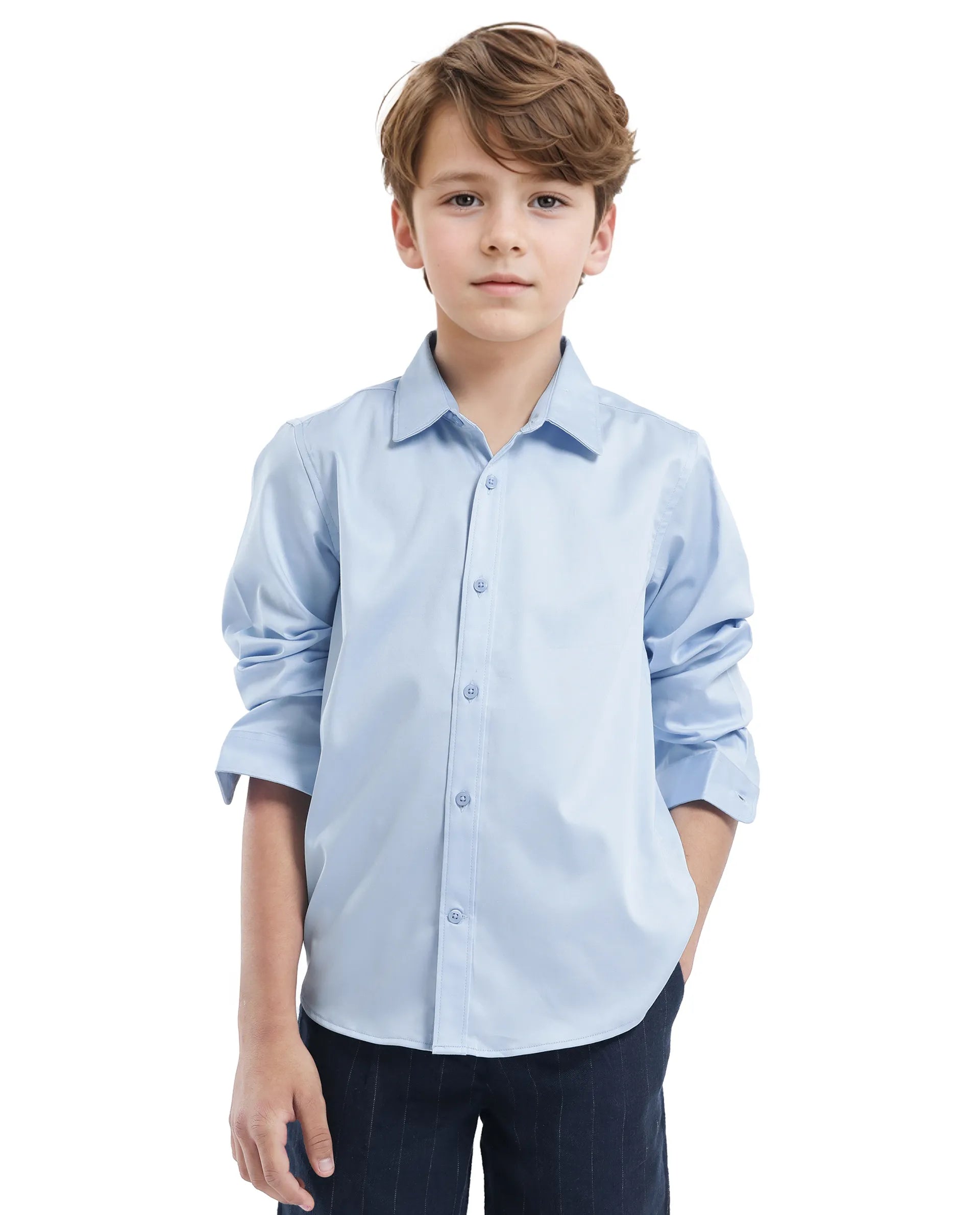 Rare Ones Kids Holo Light Blue Cotton Blend Full Sleeve Button Solid Regular Fit Shirt